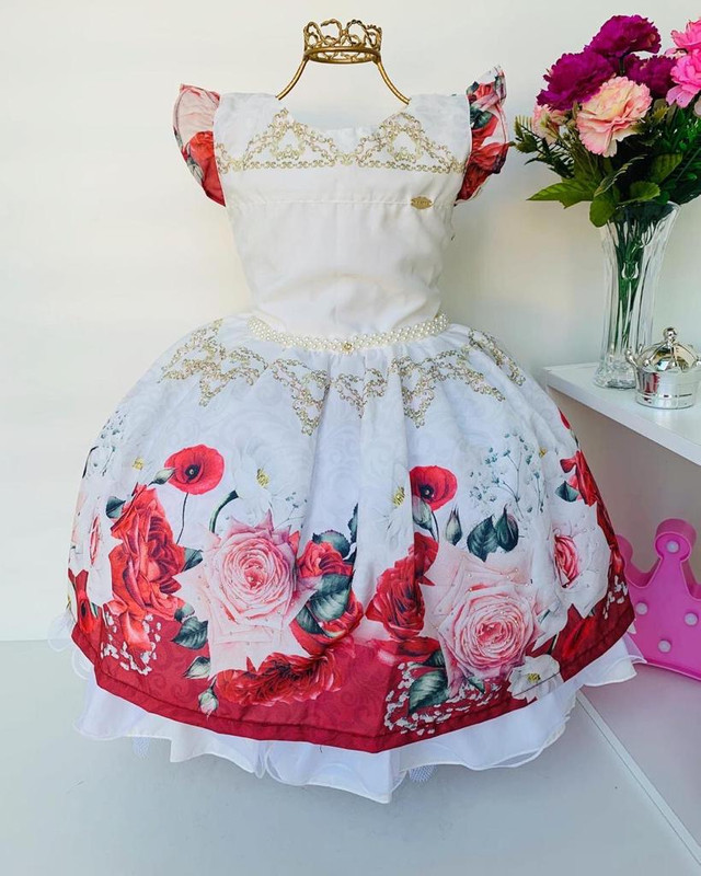 Vestido Infantil Off White Floral Cinto de Pérolas Princesa