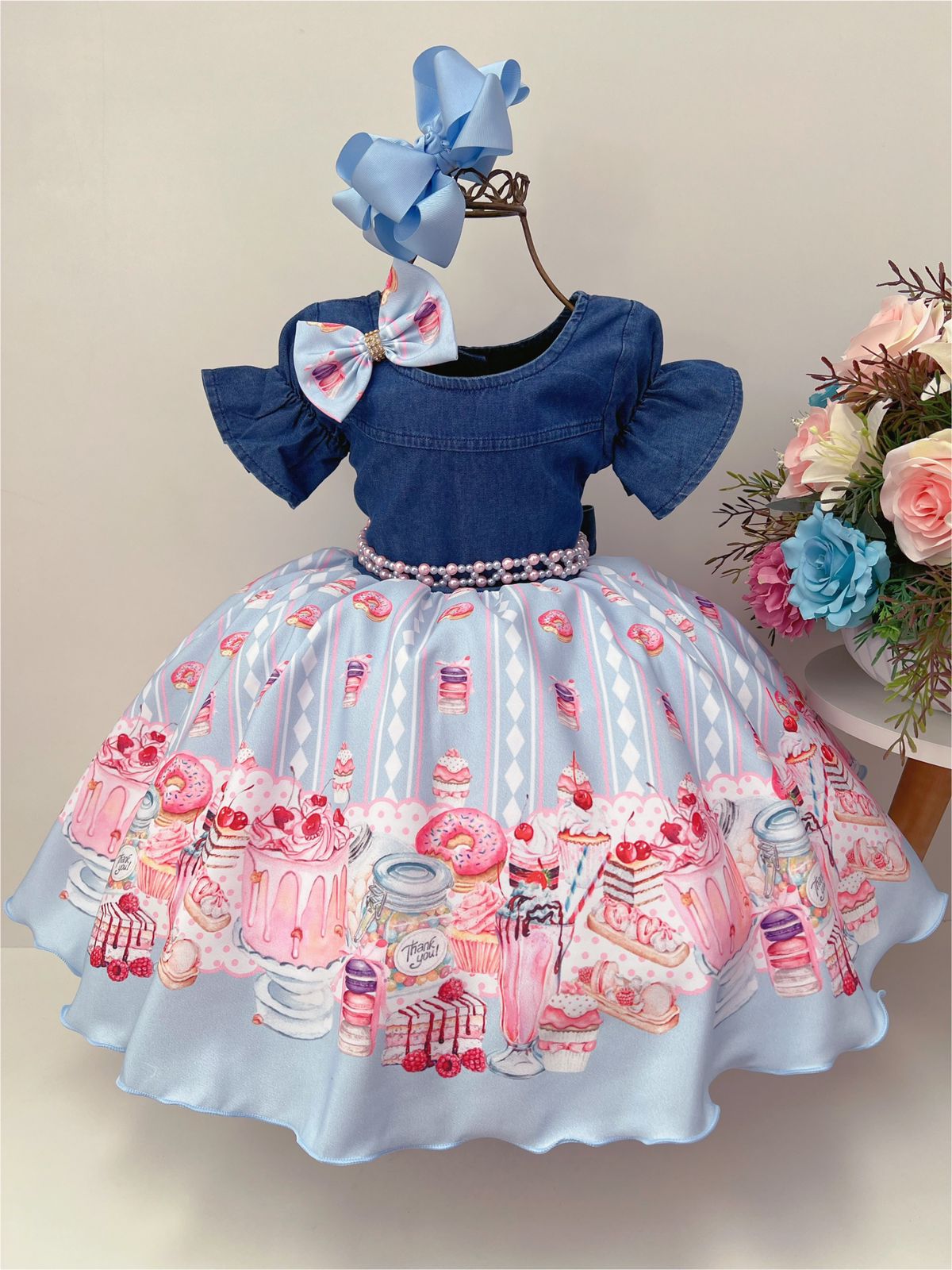 Vestido Infantil Peito Jeans Saia Azul Festa dos Doces