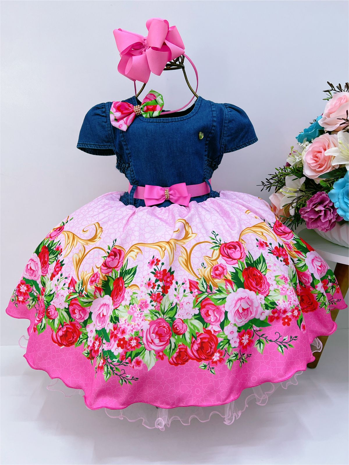 Vestido Infantil Peito Jeans Saia Rosa Jardim das Flores