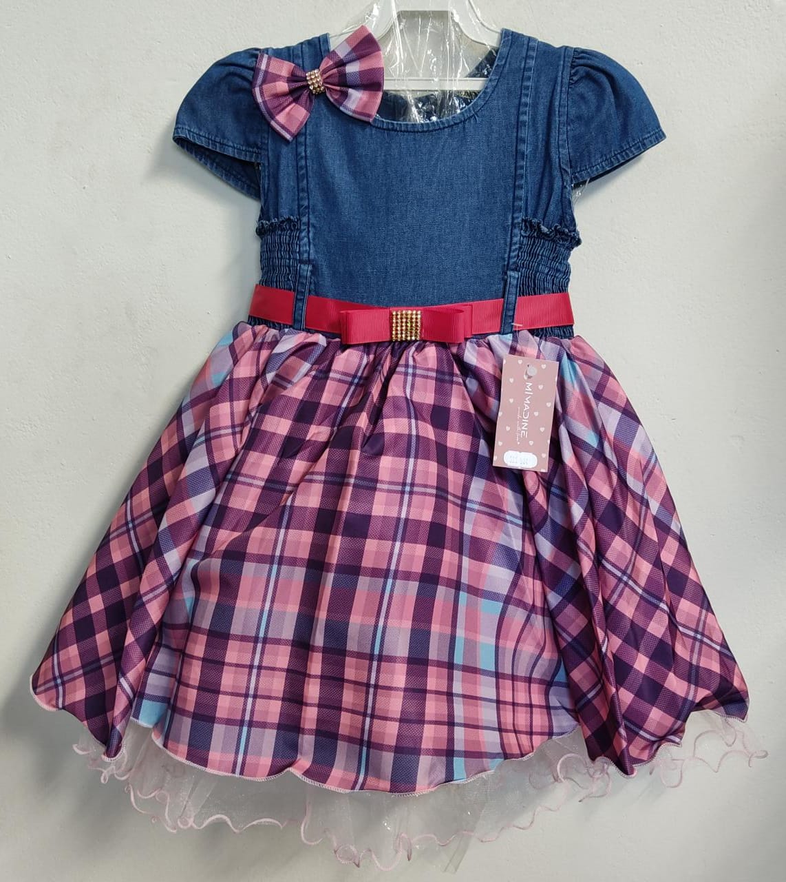 Vestido Infantil Peito Jeans Saia Xadrez Colorida Laço Luxo
