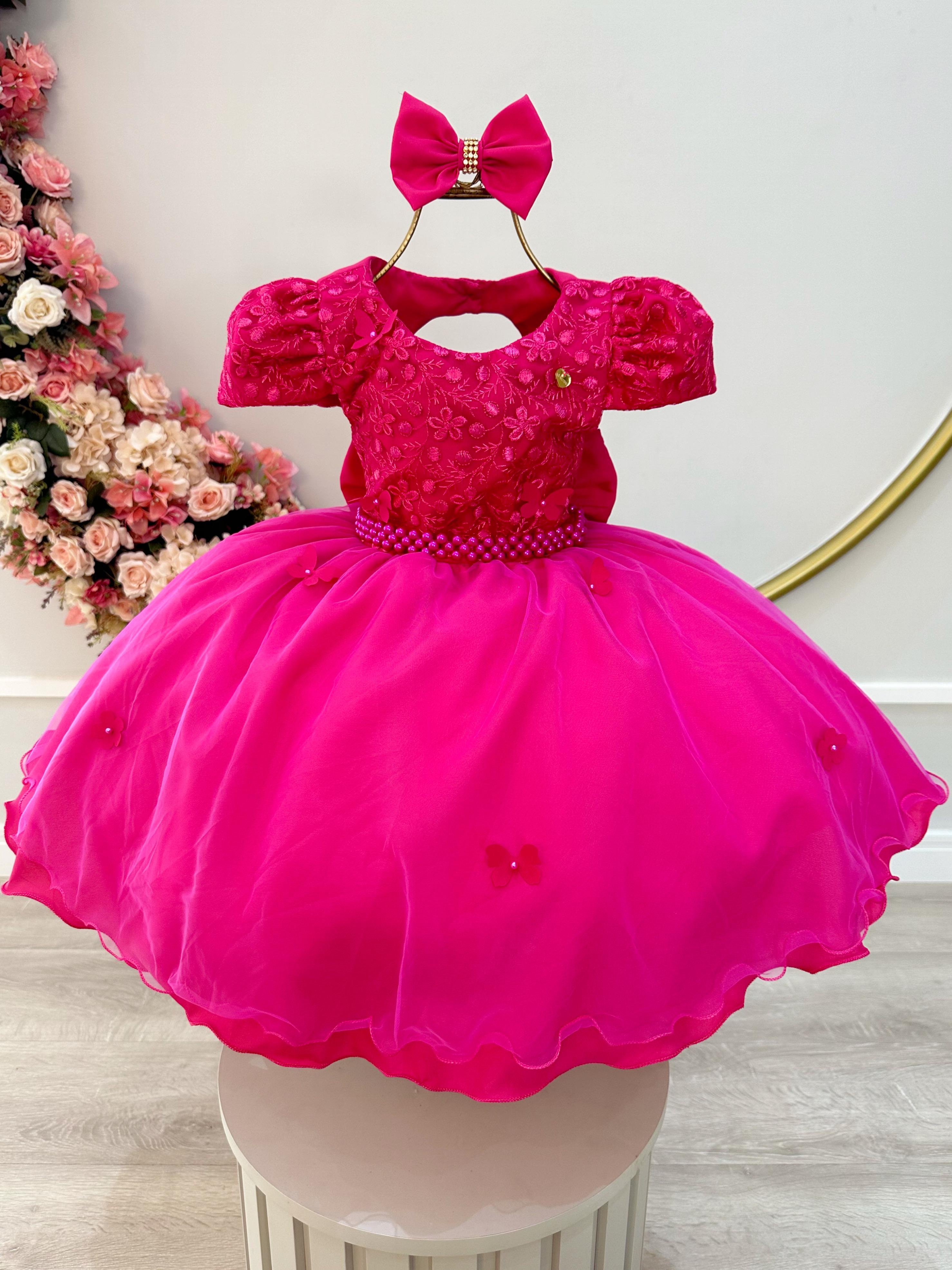 Vestido Infantil Pink Busto C/ Renda Laço Daminhas Festas