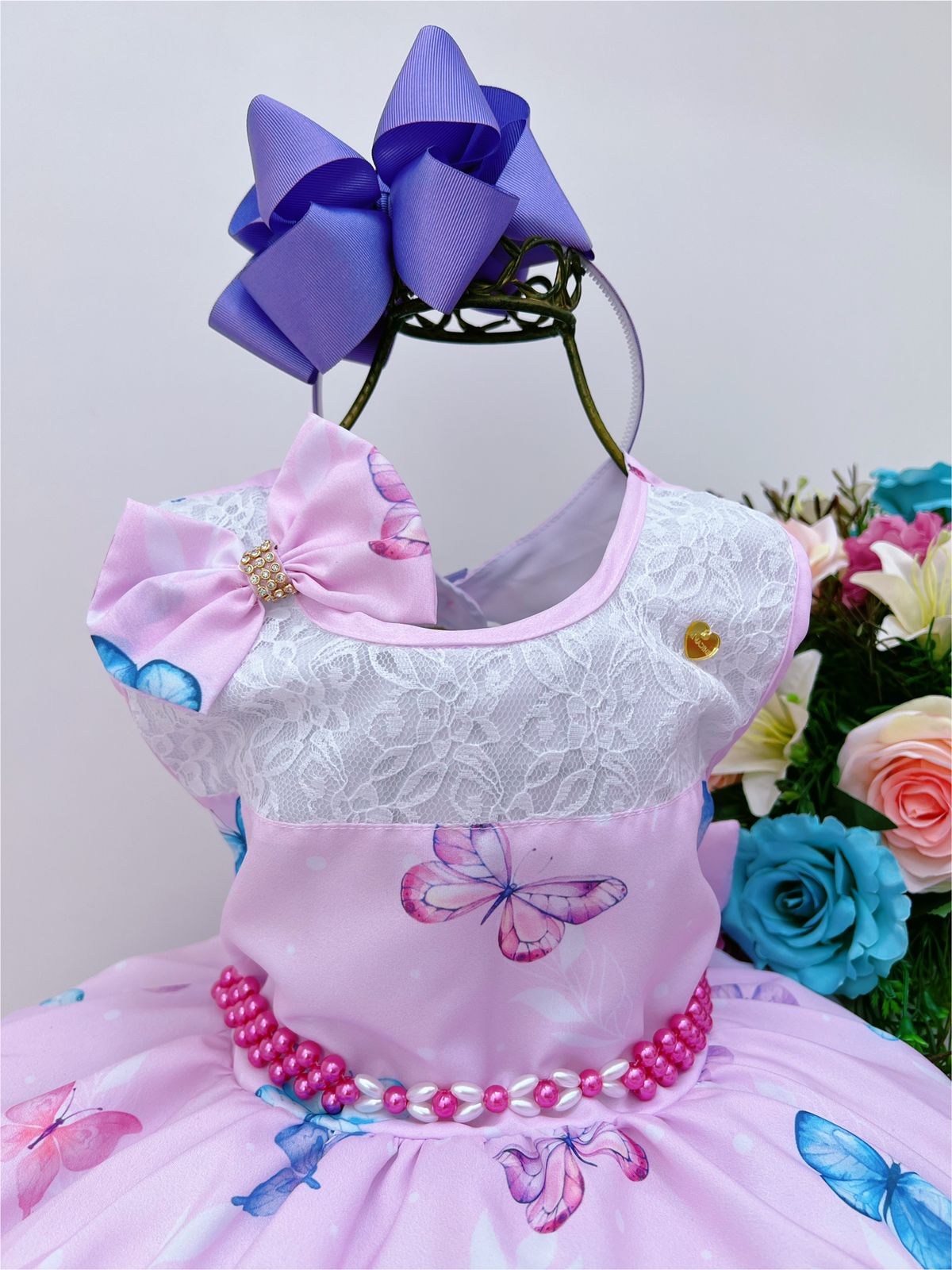 Vestido Infantil Princesas Rosa Cinto de Pérolas e Laço - Fabuloso Ateliê