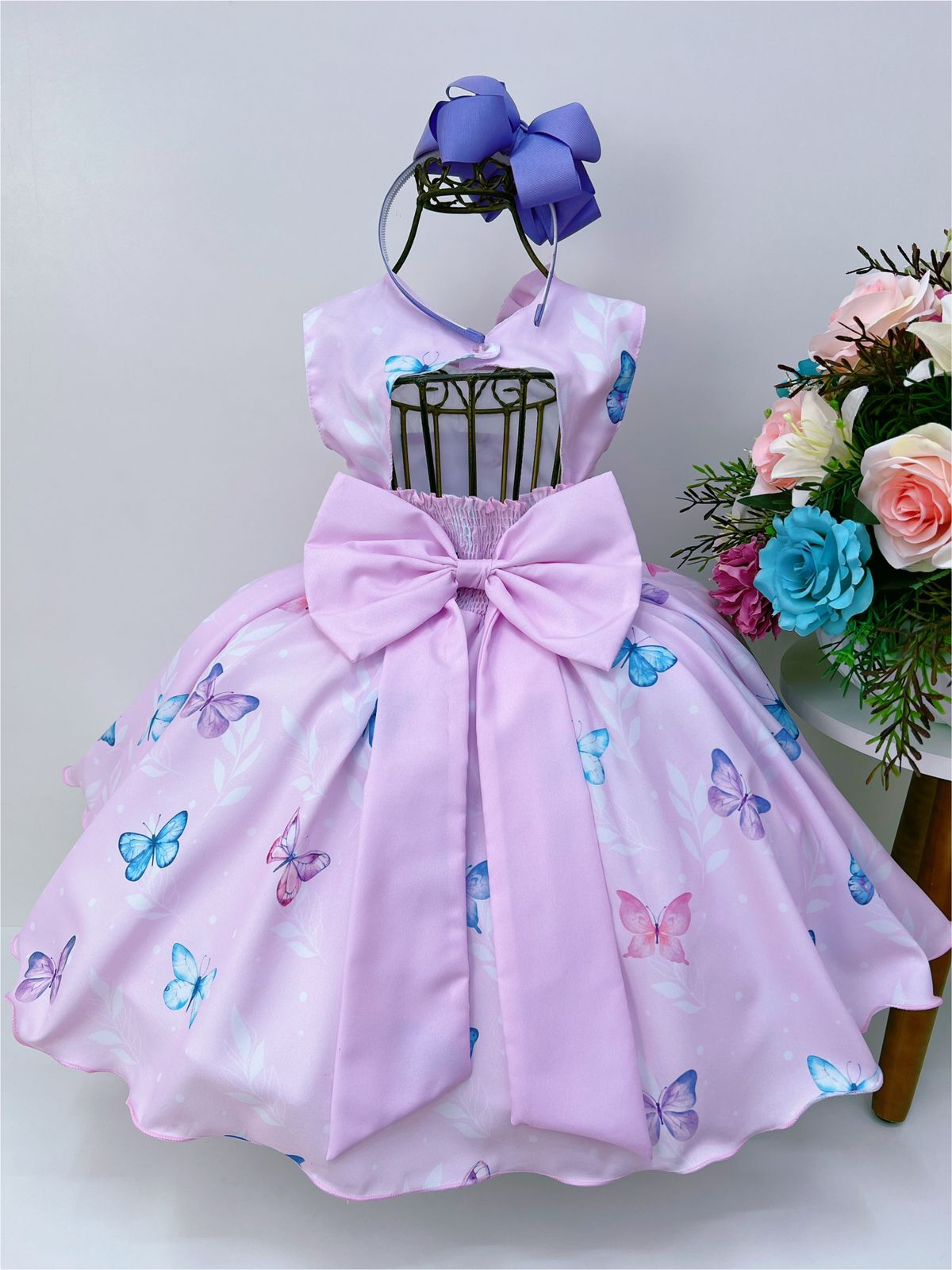 Vestido Infantil Princesas Rosa Cinto de Pérolas e Laço - Fabuloso Ateliê