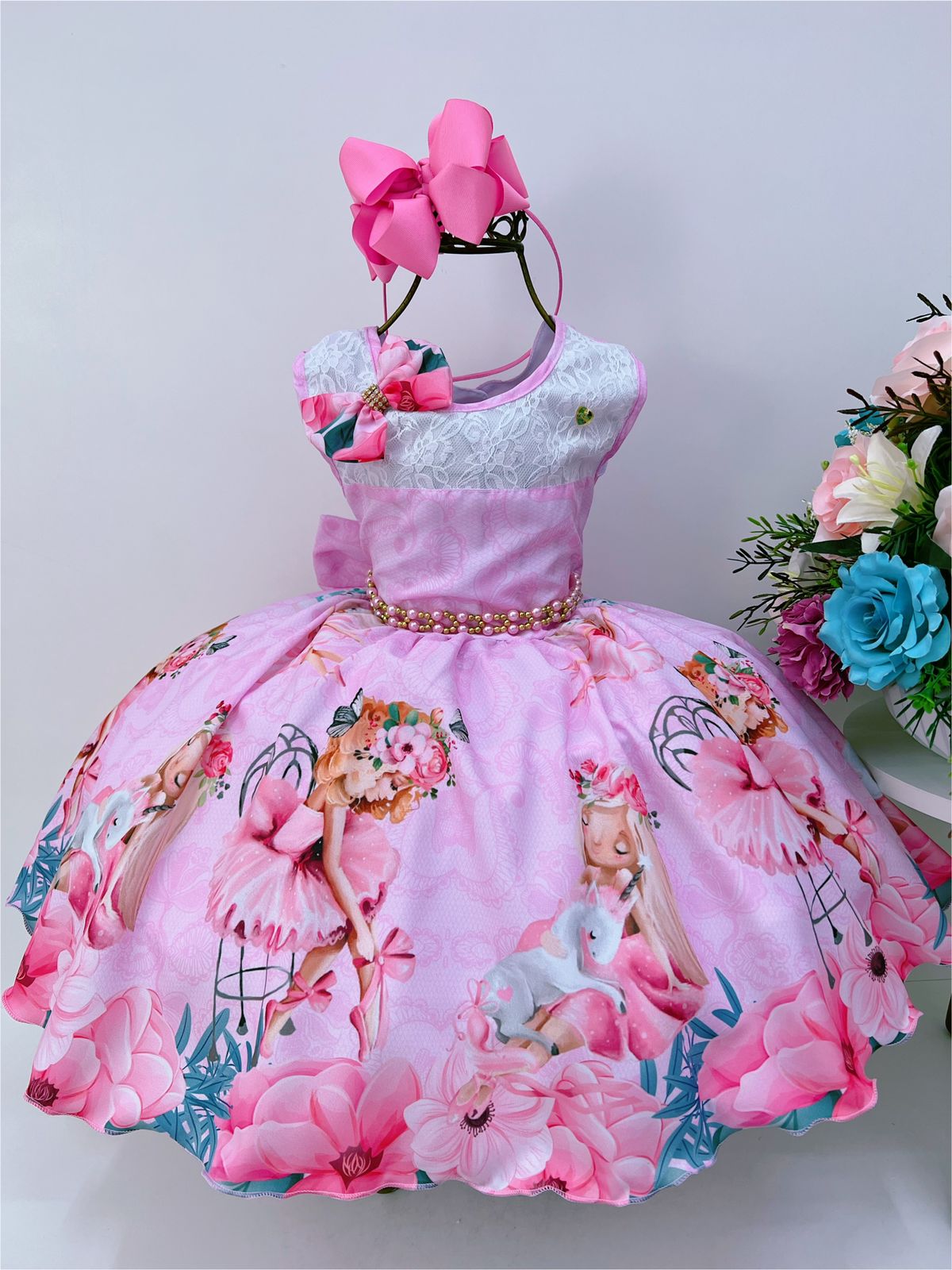 Vestido Infantil Rosa Cantinho da Bailarina Laço Cinto Pérola