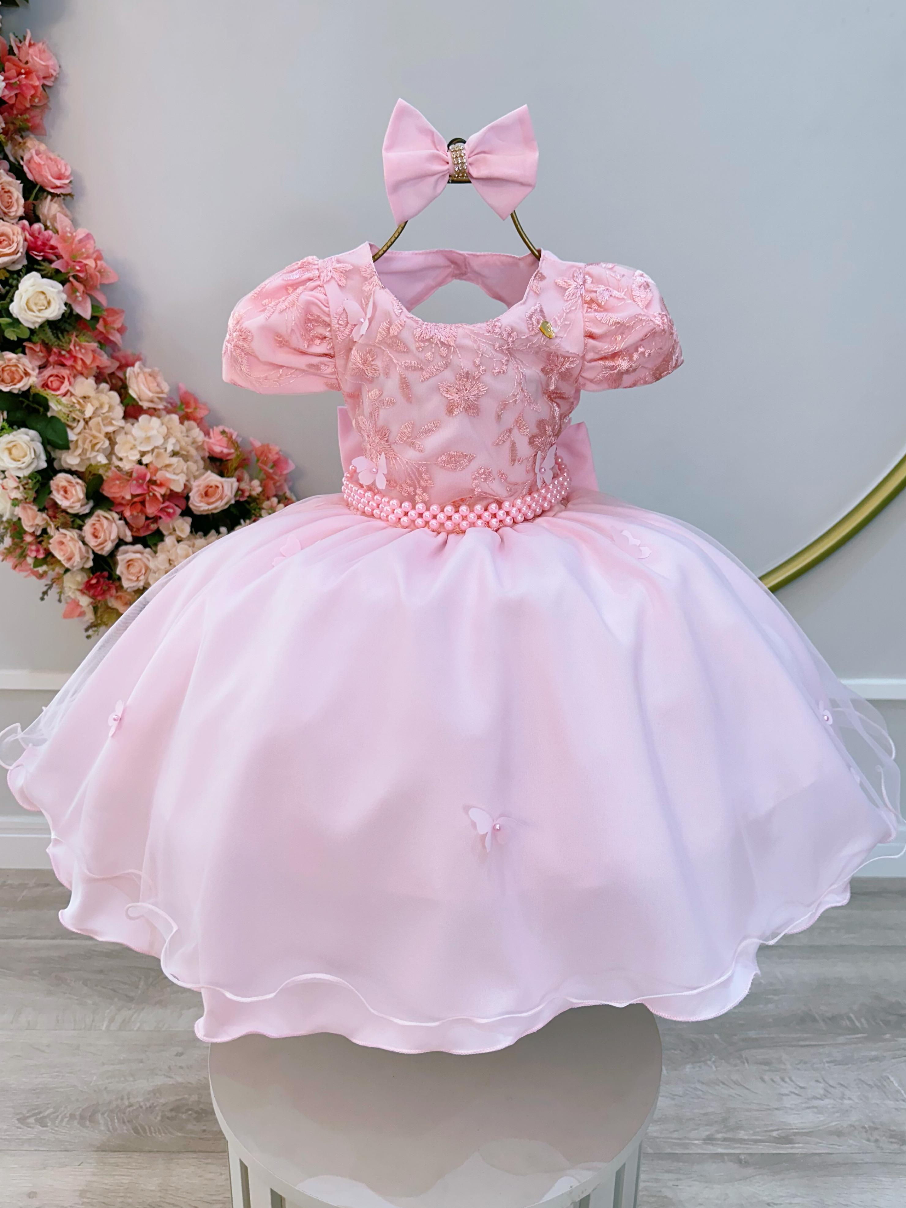 Vestido Infantil Rosa Claro Busto C/ Renda Laço Daminhas