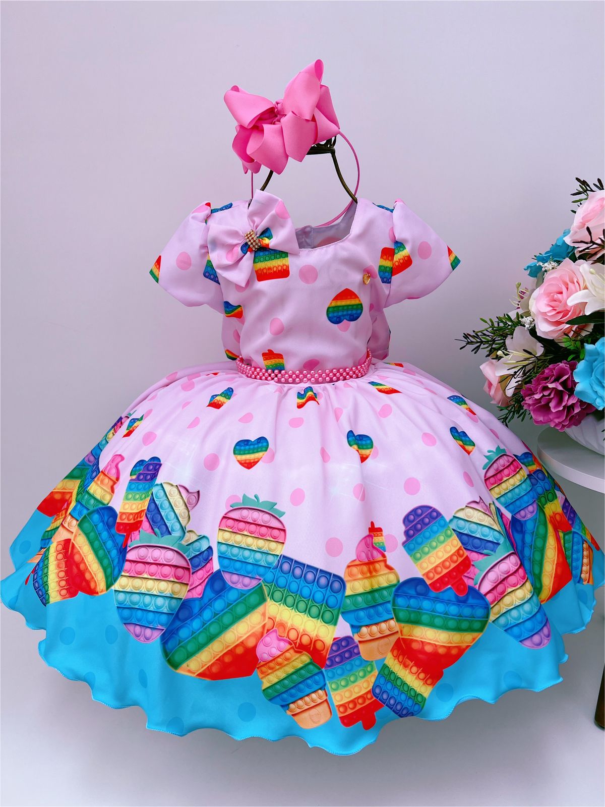 Vestido Infantil Rosa Claro Doces Pop It Festas Com Laço