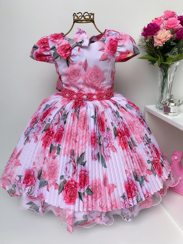 Vestido Infantil Rosa Floral Saia Plissada Acompanha Laço