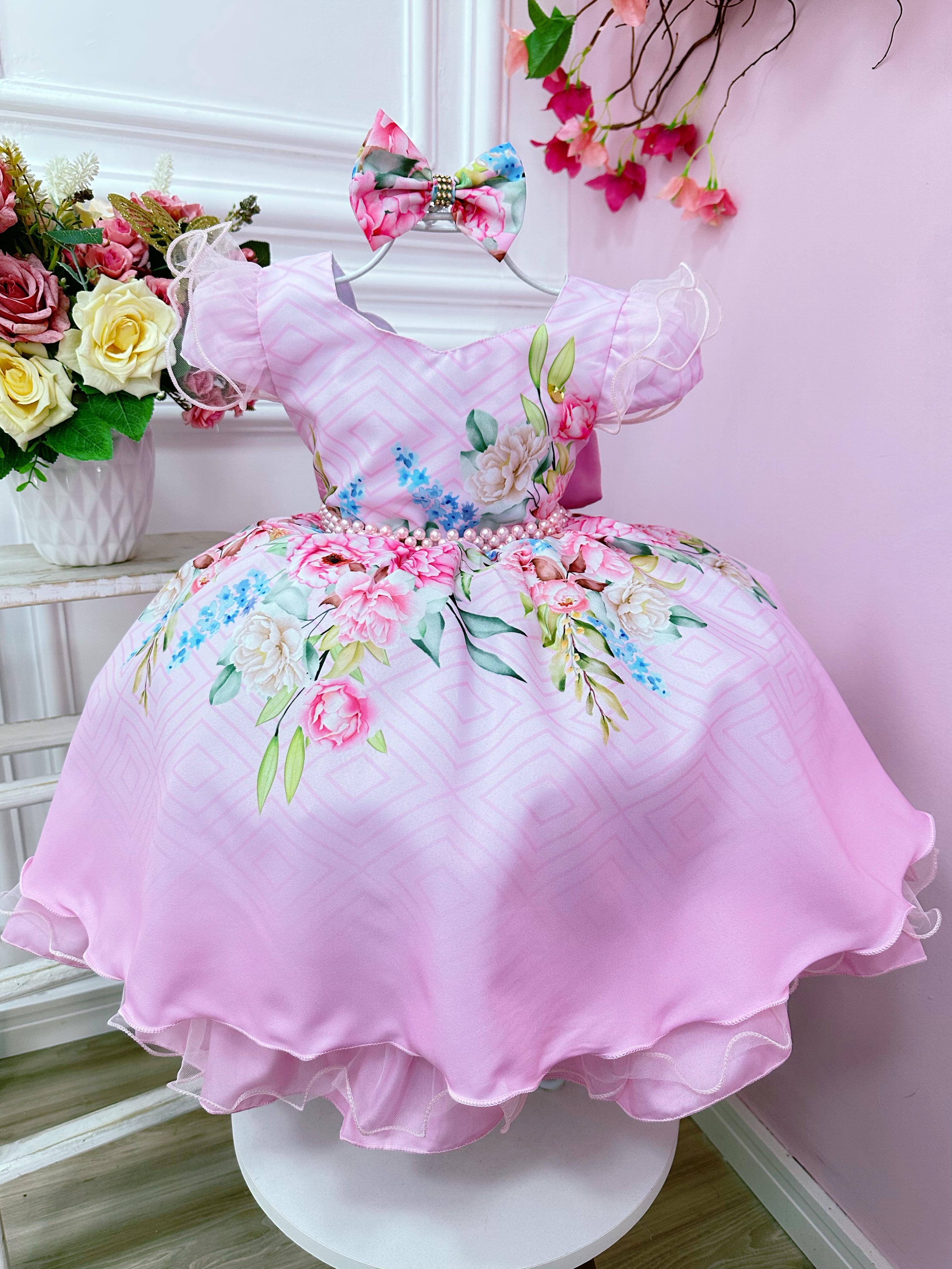 Vestido Infantil Rosa Florido C/ Laço e Cinto Pérolas Festas
