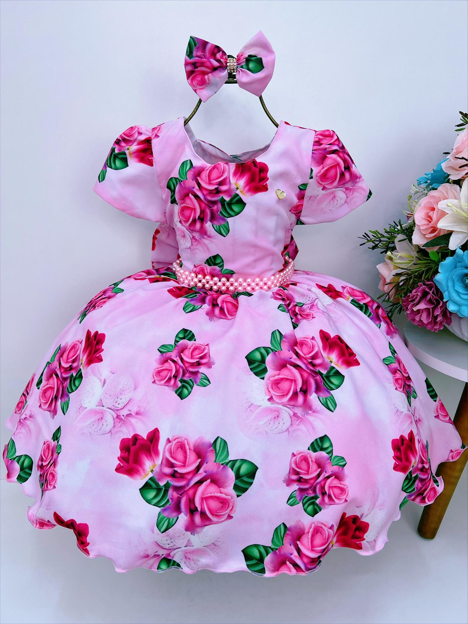 Vestido Infantil Rosa Florido de Rosas C/ Laço e Pérolas Luxo