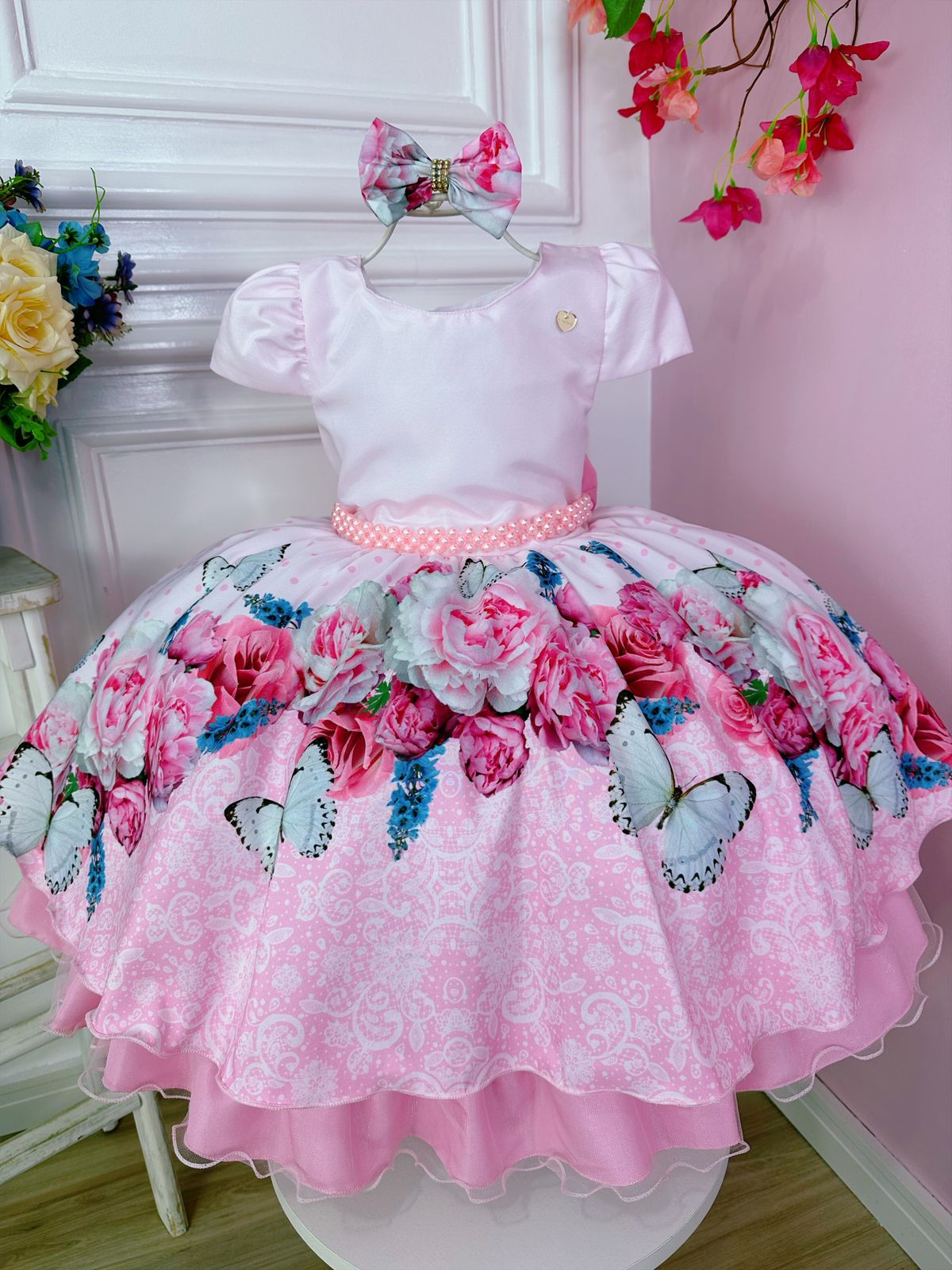 Vestido Infantil Rosa Jardim das Borboletas C/ Laço