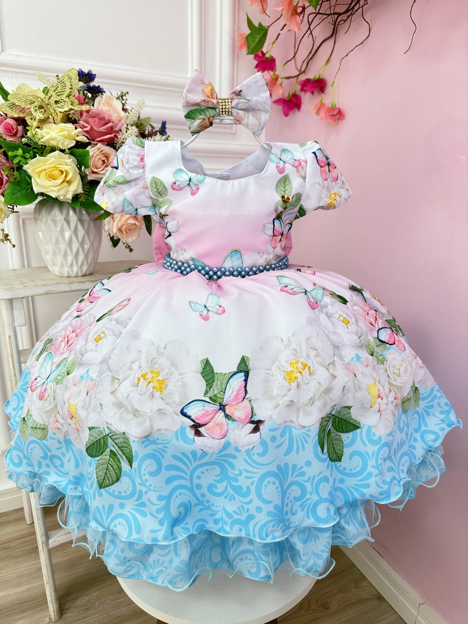 Vestido Infantil Rosa Jardim das Borboletas C/ Laço e Pérolas