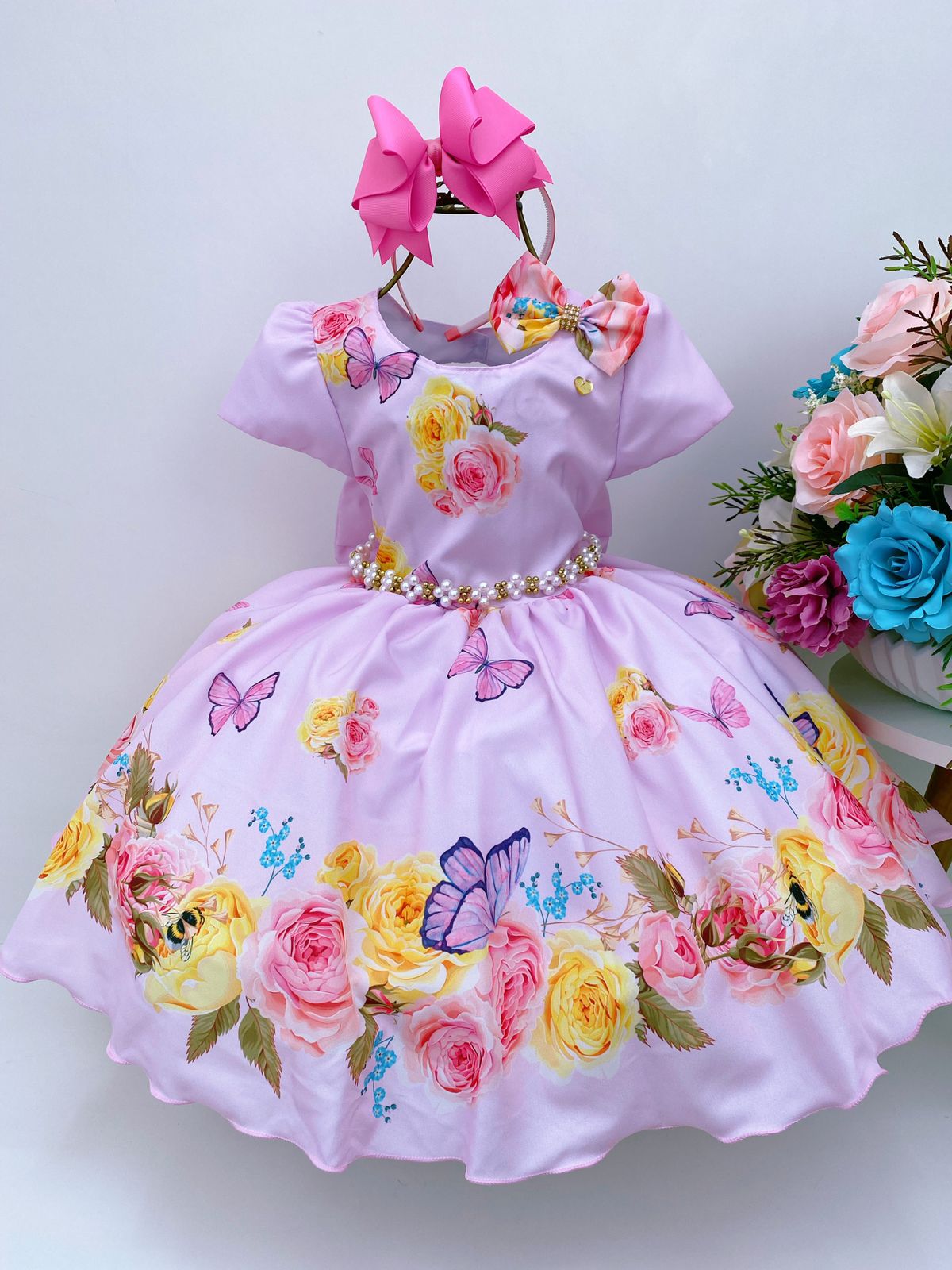 Vestido Infantil Rosa Jardim das Borboletas e Flores C/ Laço