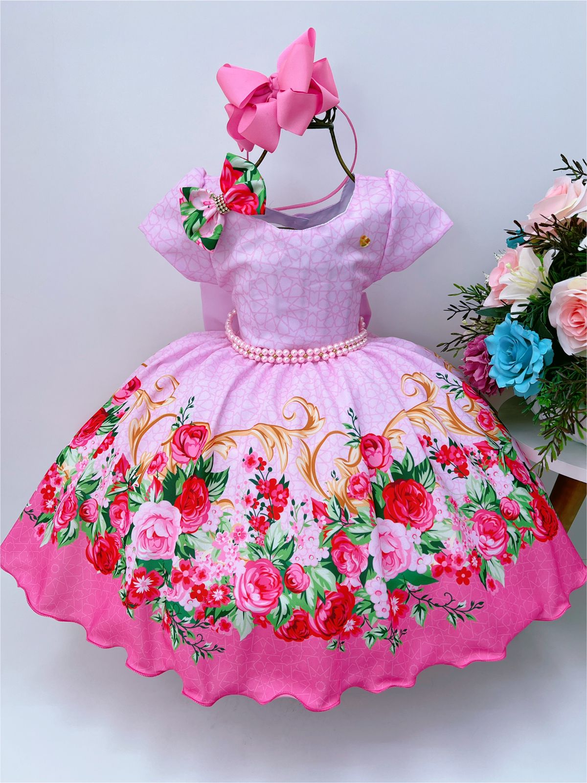 Vestido Infantil Rosa Jardim das Flores C/ Laço Pérolas