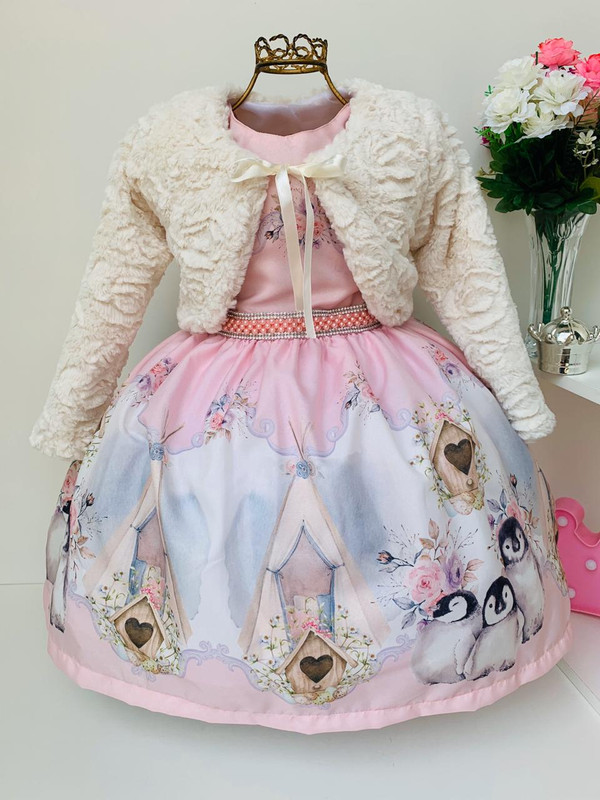 Vestido Infantil Rosa Pinguim com Bolero Off Luxo Princesas