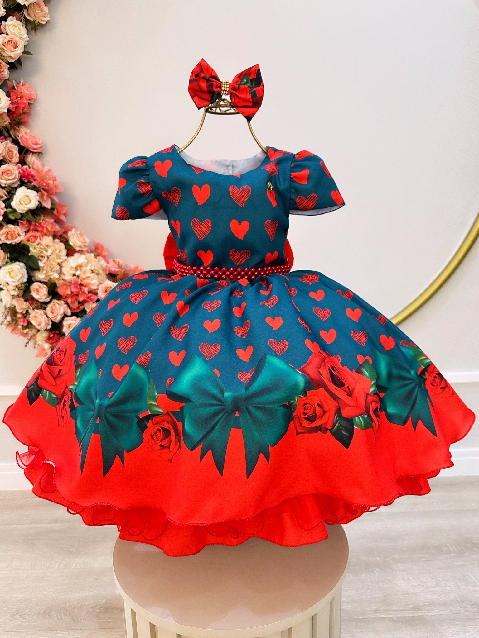 Vestido Infantil Verde C/ Corações e Rosas Laço Festas