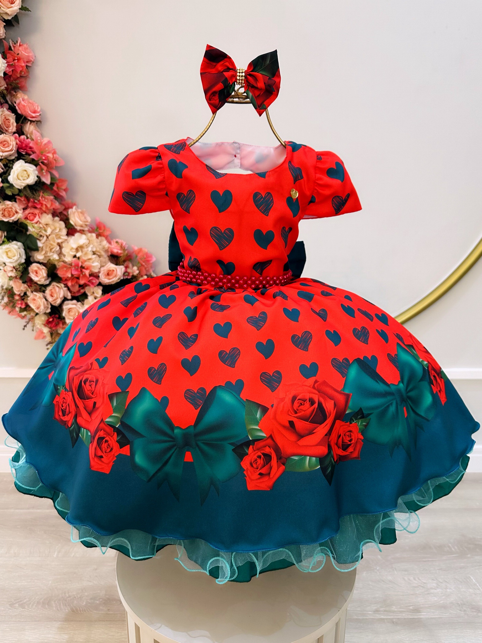 Vestido Infantil Vermelho C/ Corações e Rosas Laço Festas