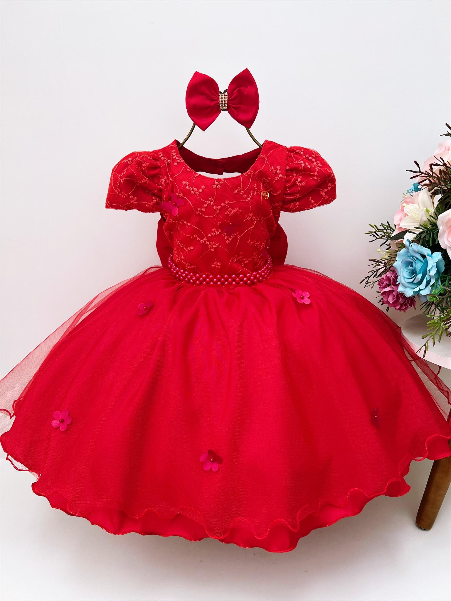 Vestido Infantil Vermelho C/ Renda e Borboletas Pérolas Laço