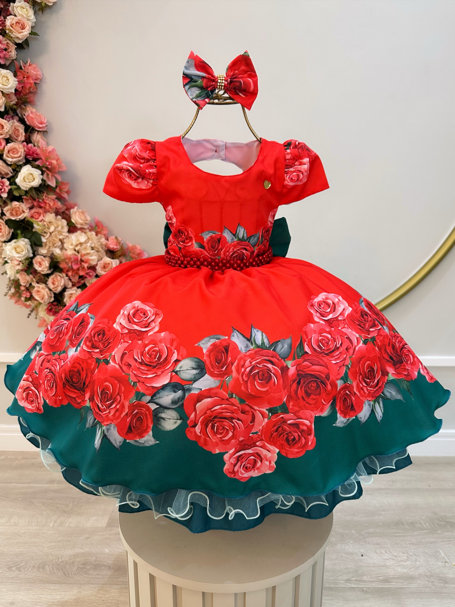 Vestido Infantil Vermelho C/ Rosas e Laço Festas Daminhas