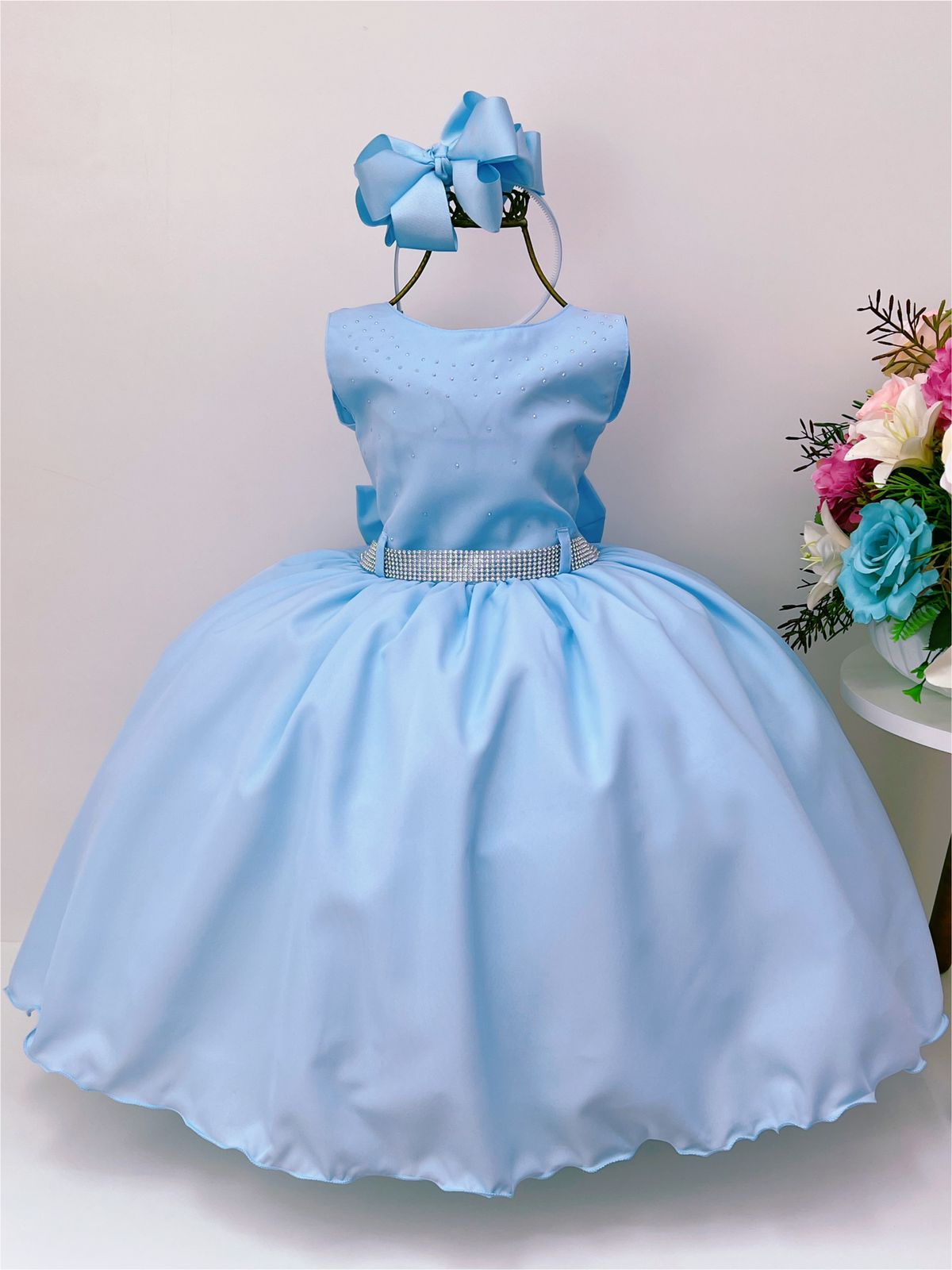 Vestido Infantil Azul Peito E Cinto Strass Princesas