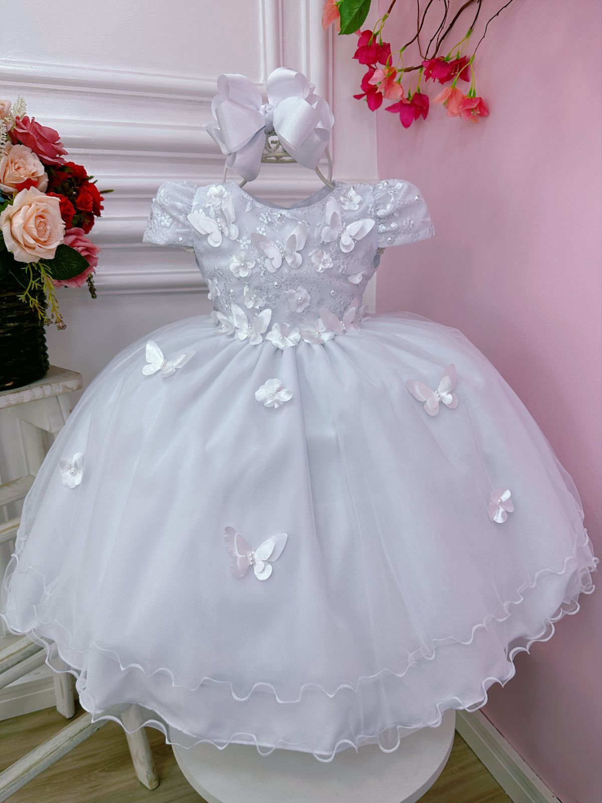 Vestido Infantil Branco C/ Renda e Aplique Borboletas Flores