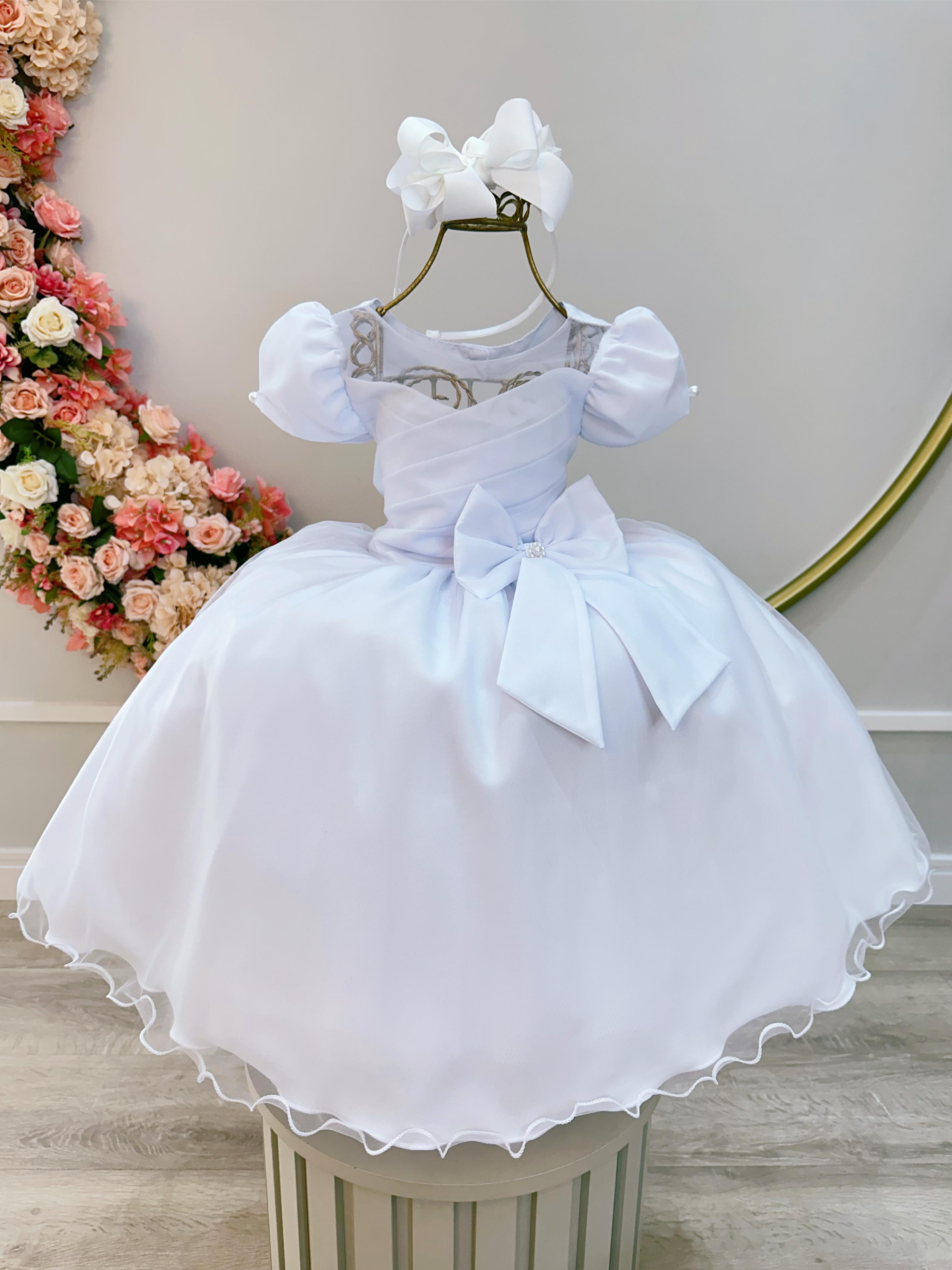 Vestido Infantil Branco Com Broche de Laço Daminhas