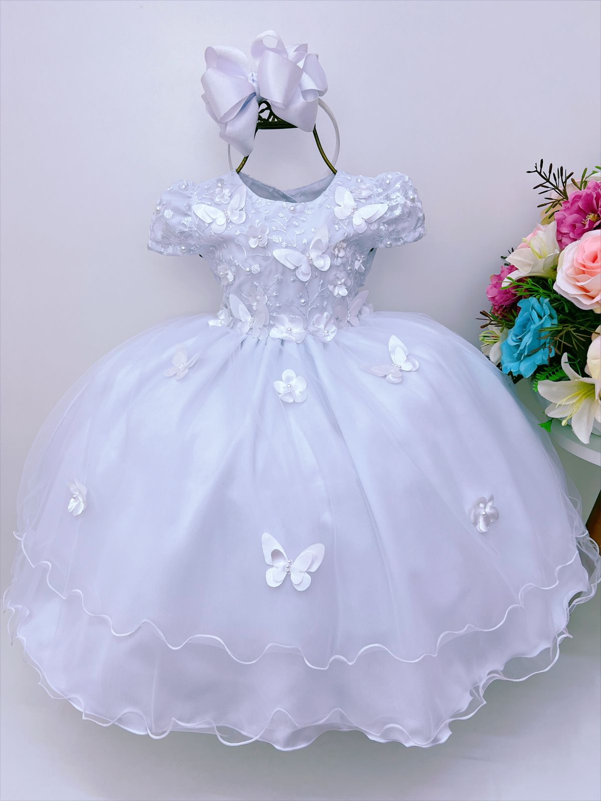 Vestido Infantil Branco Renda e Aplique C/ Borboletas Flores