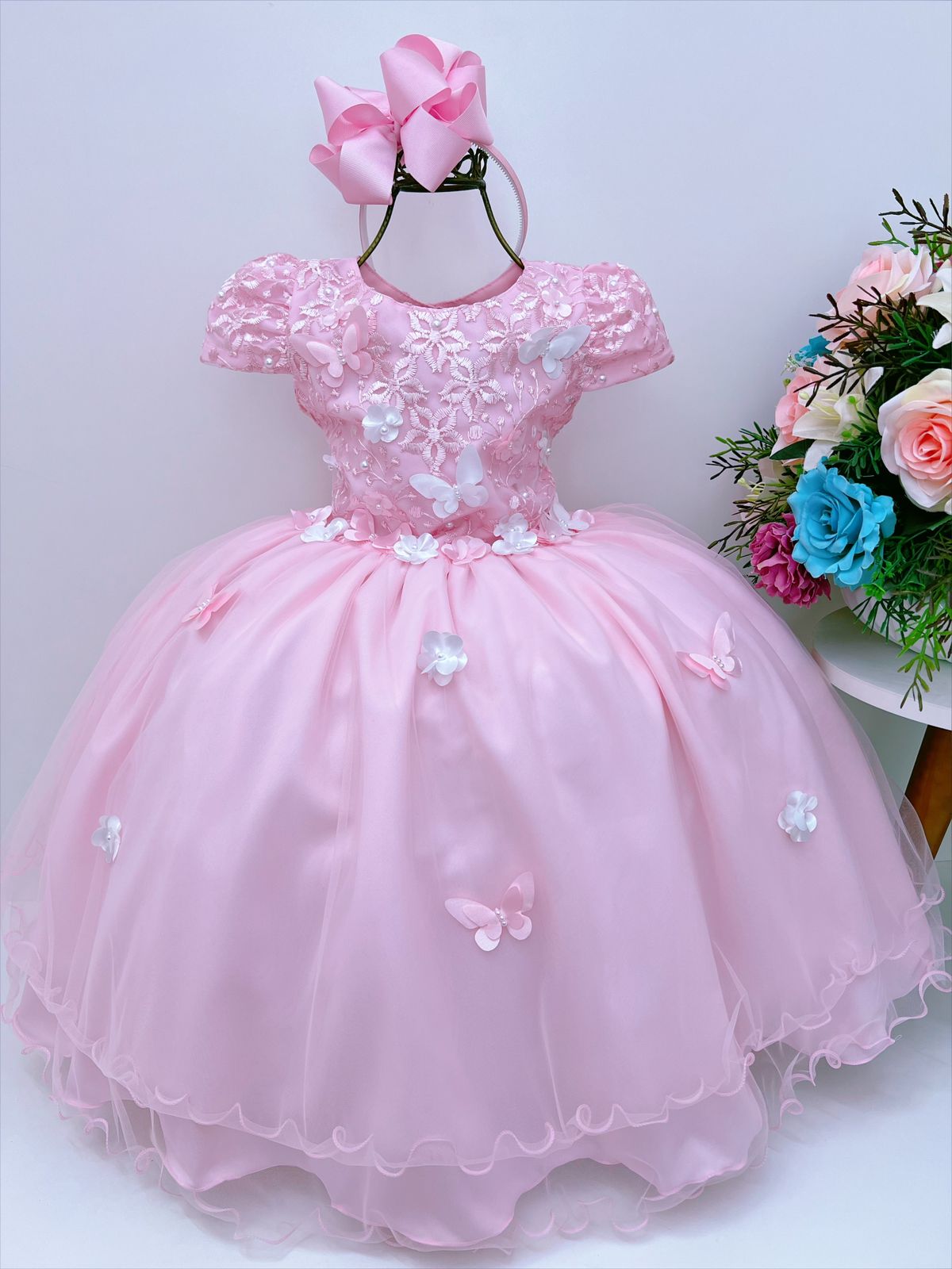 Vestido Infantil Rosa Renda C/ Aplique e Borboletas Flores