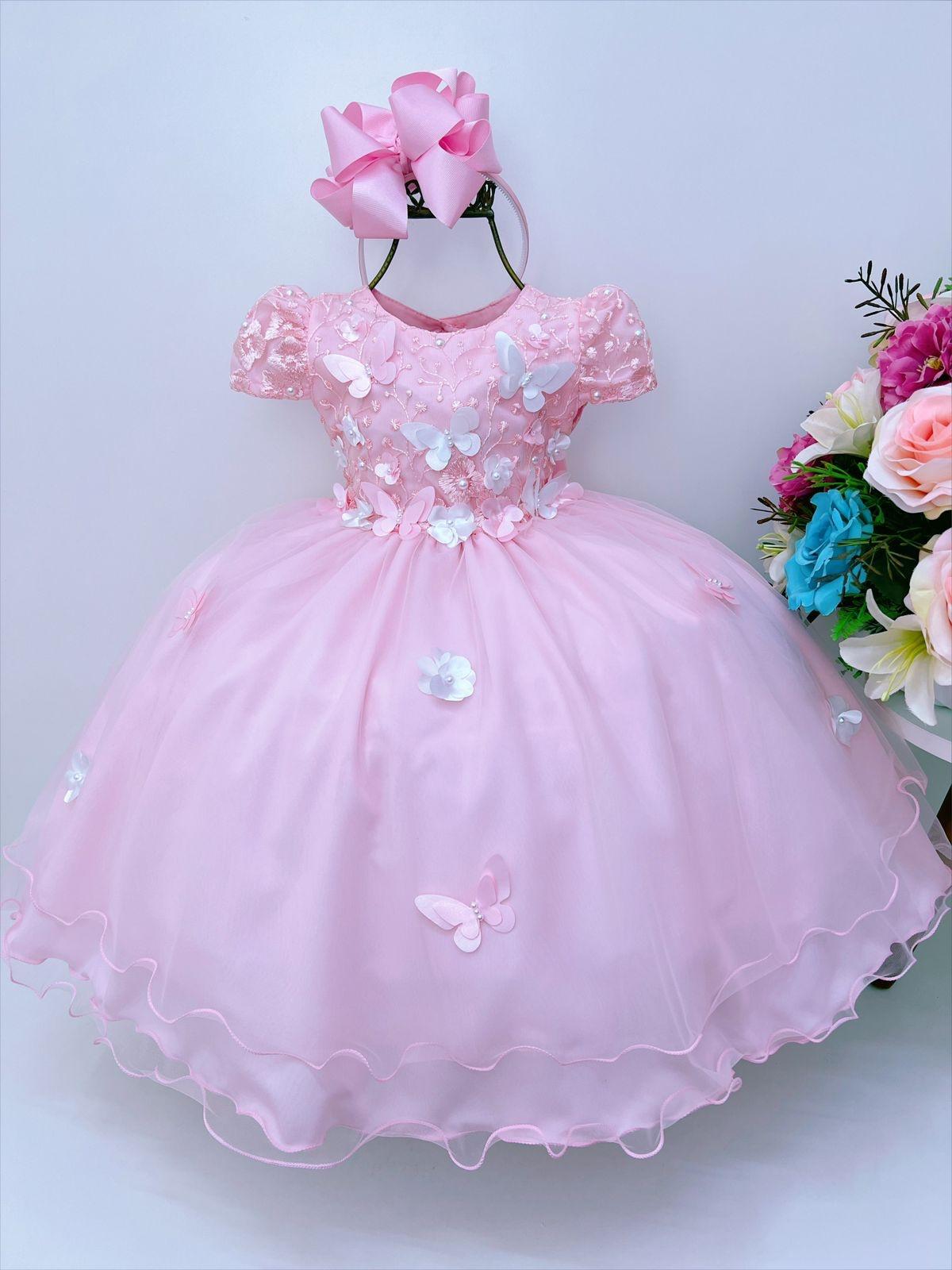 Vestido Infantil Rosa Renda e Aplique C/ Borboletas Flores