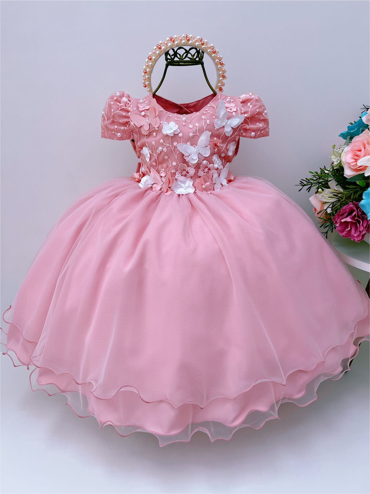 Vestido Infantil Rose C/ Renda e Aplique Borboletas Flores