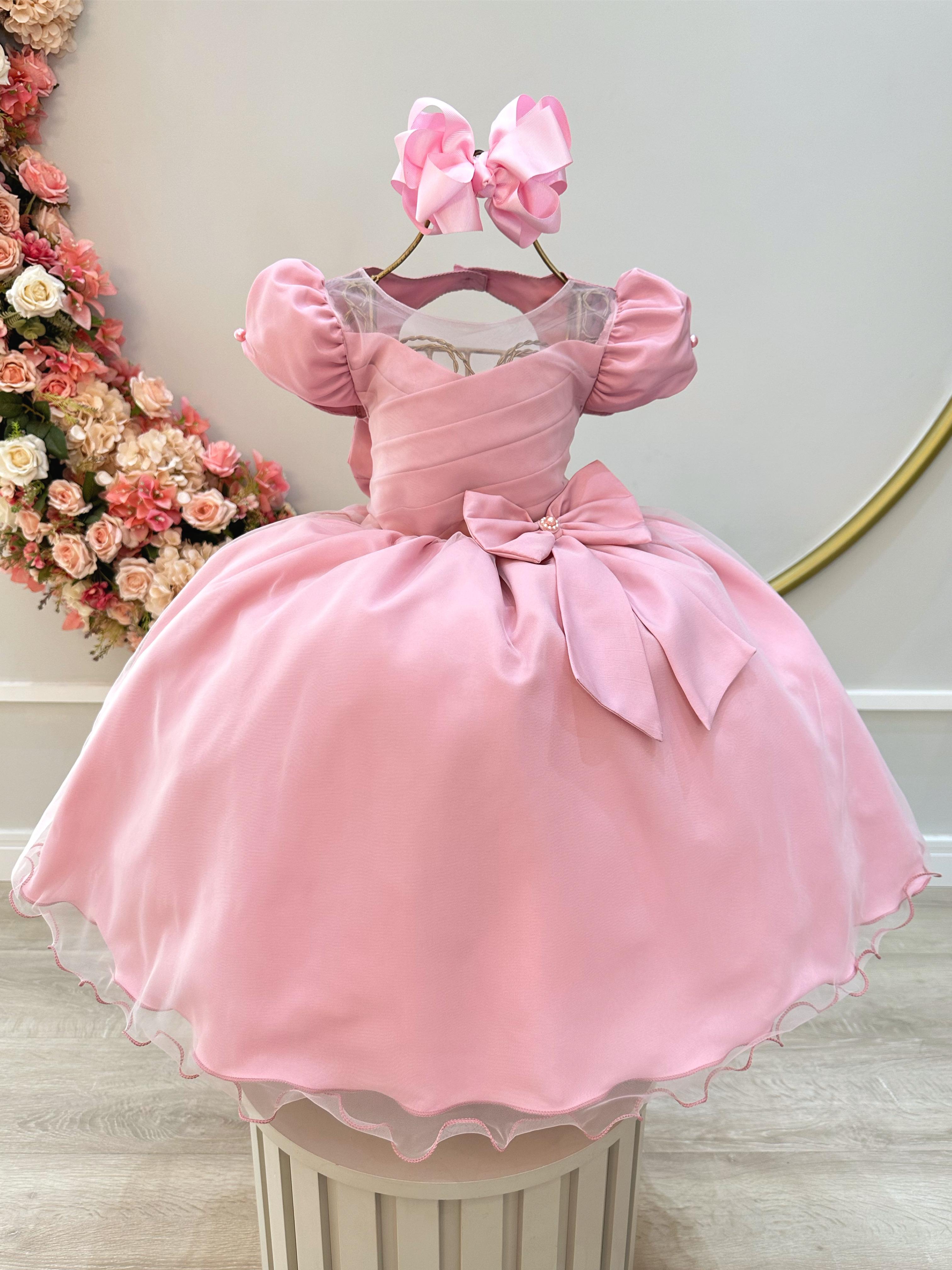 Vestido Infantil Rose Com Broche de Laço Daminhas