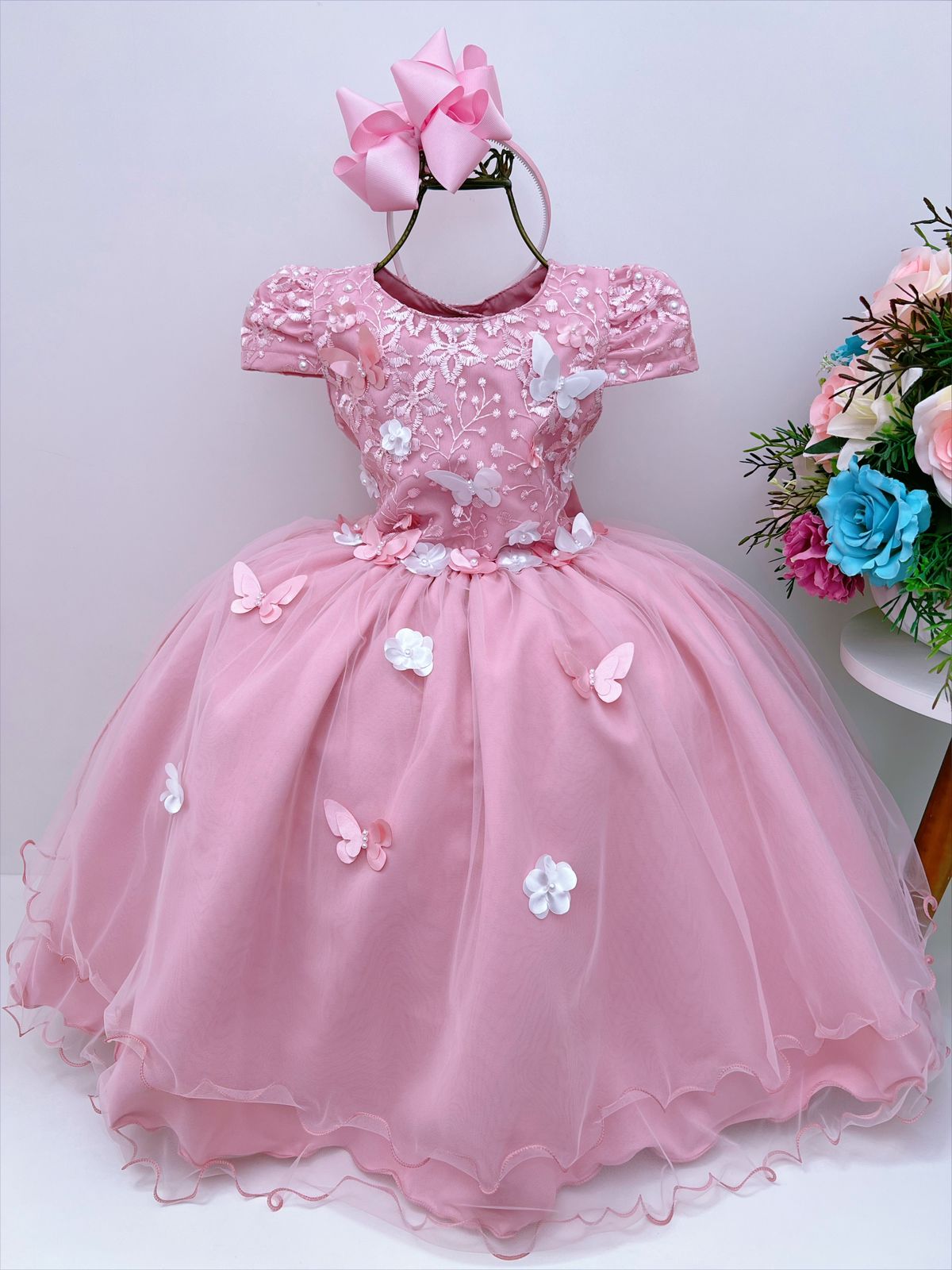 Vestido Infantil Rose Renda C/ Aplique e Borboletas Flores