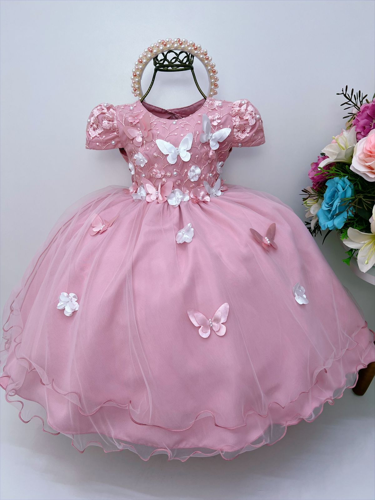 Vestido Infantil Rose Renda e Aplique C/ Borboletas Flores