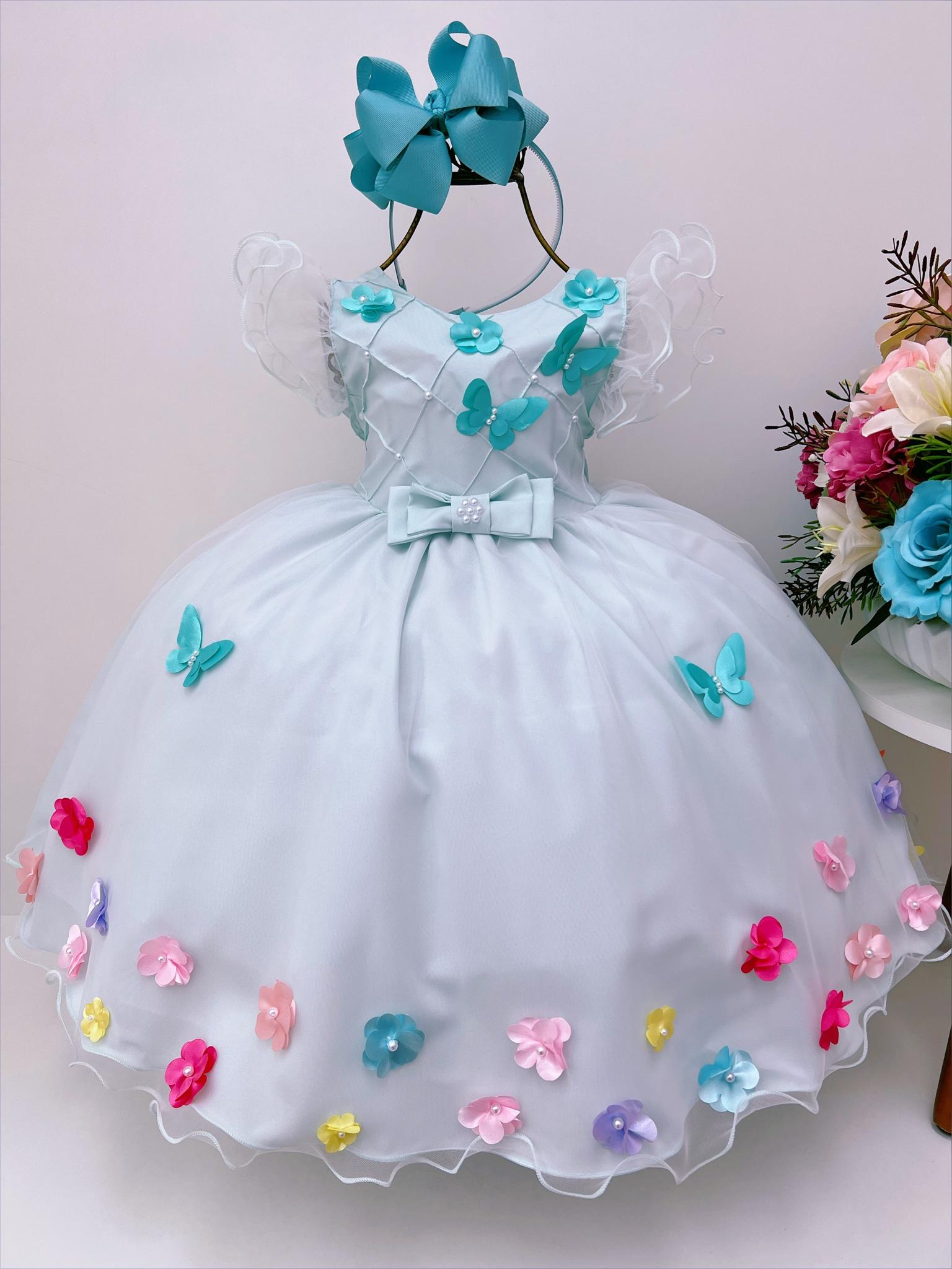 Vestido Infantil Verde Peito Nervura Aplique de Flores