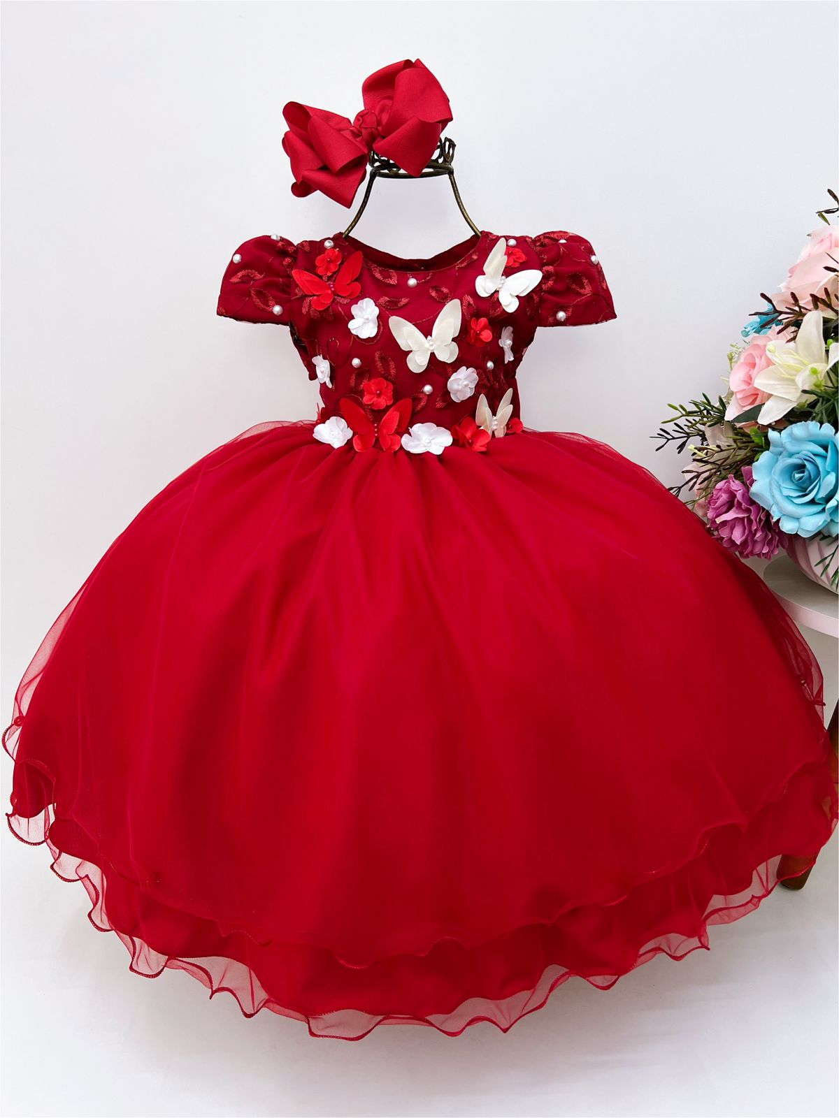 Vestido Infantil Vermelho Renda Aplique Flores e Borboletas