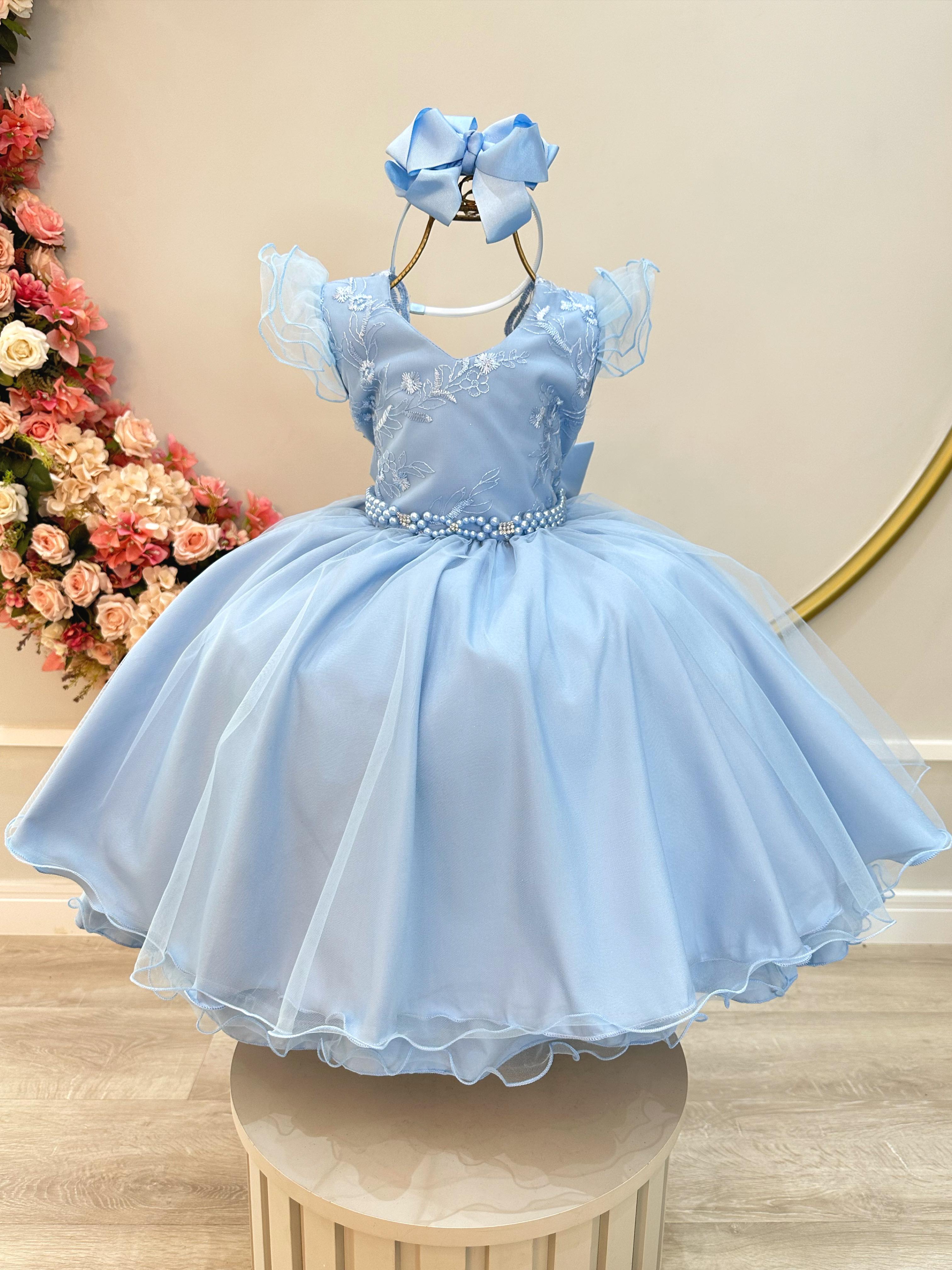 Vestido Infantil Azul Claro C/ Renda e Pérolas Strass Damas