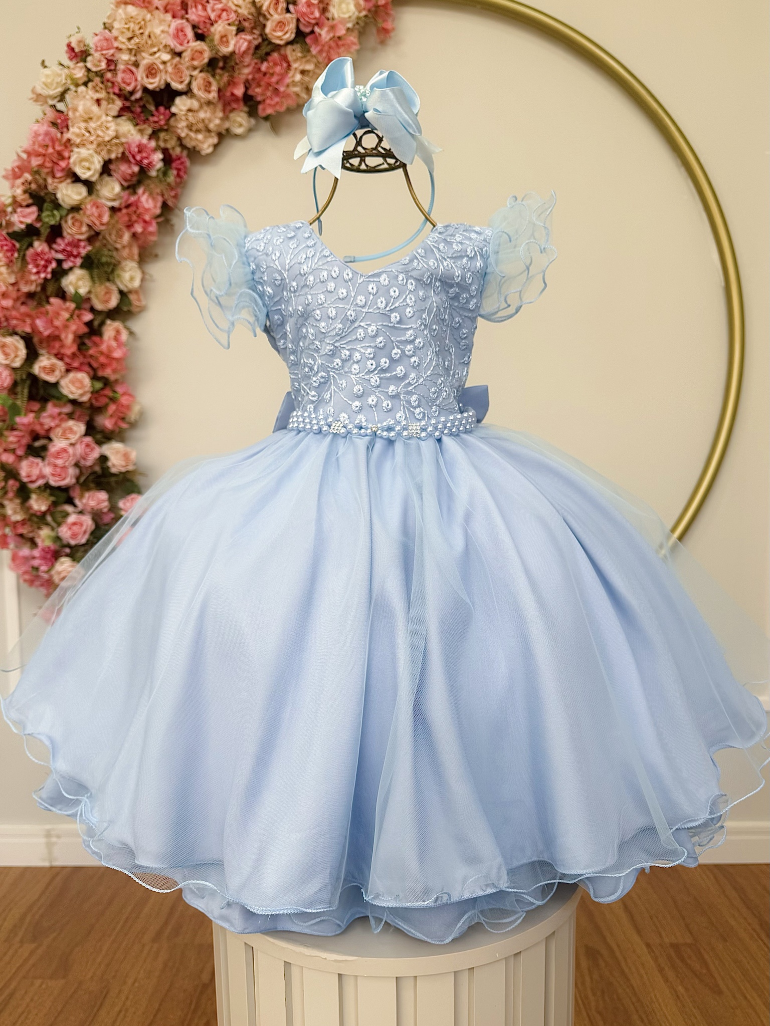 Vestido Infantil Azul Claro C/ Renda e Pérolas Strass Damas