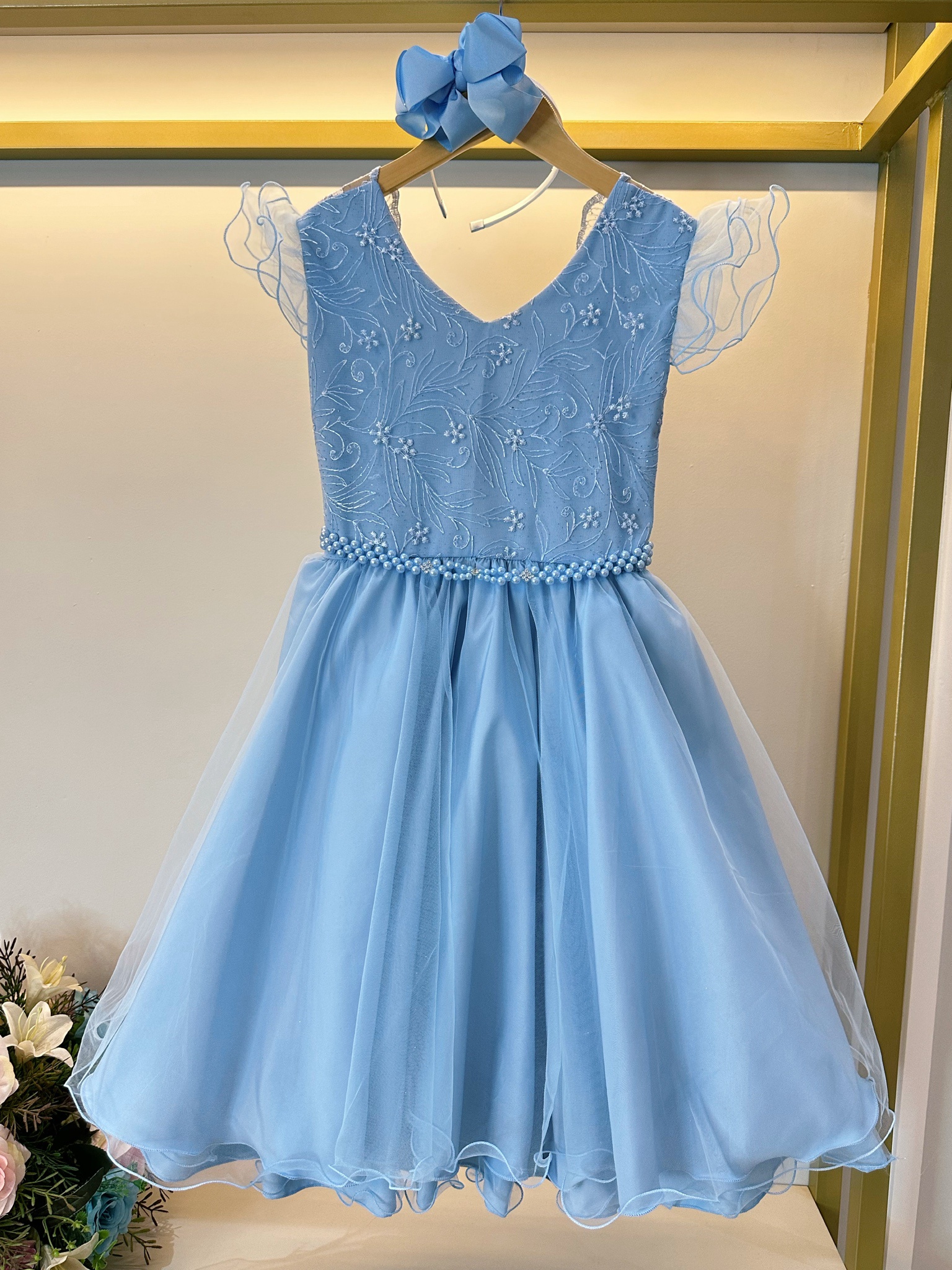 Vestido Infantil Azul Claro C/ Renda Strass e Pérolas Damas