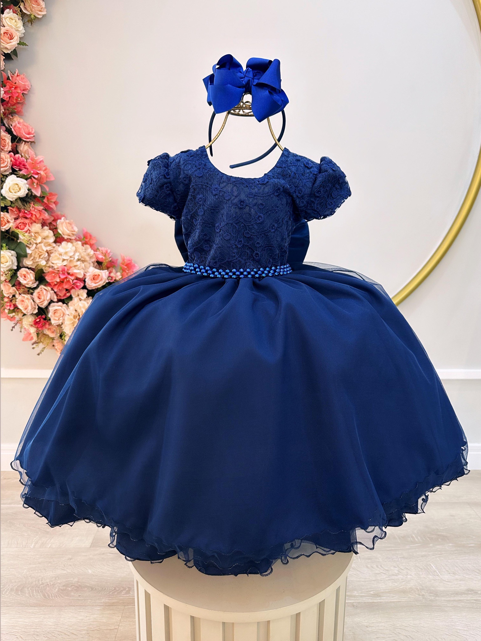 Vestido Infantil Azul Marinho Busto C/ Renda Festa Casamento