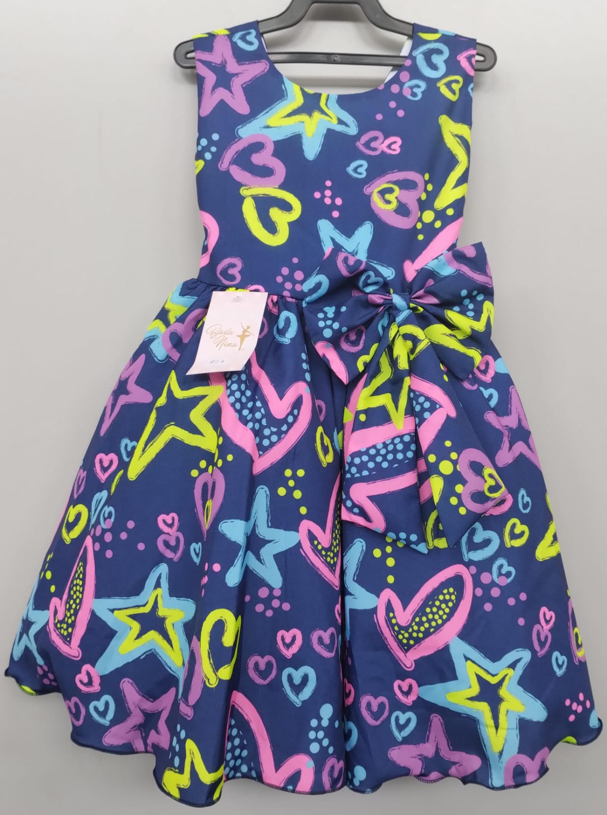 Vestido Infantil Barbie Azul Marinho Neon C/ Broche de Laço