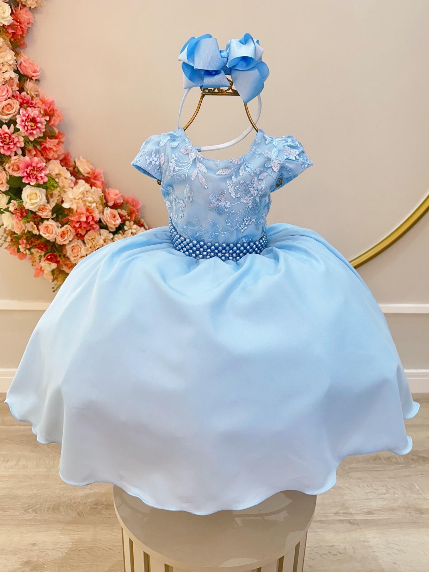 Vestido Infantil Azul Bebê Busto C/ Renda e Cinto Pérolas