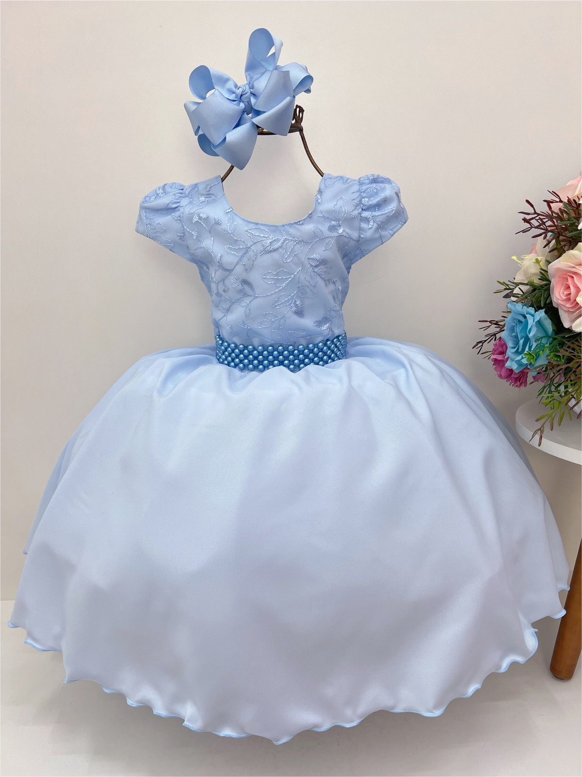 Vestido Infantil Azul C/ Renda Cinto Pérolas Luxo