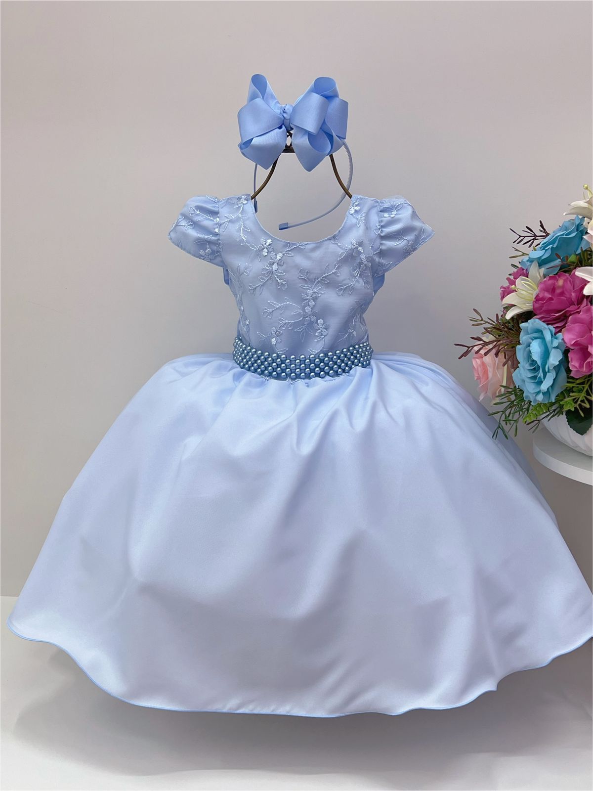 Vestido Infantil Azul C/ Renda Cinto Pérolas Luxo Batizado