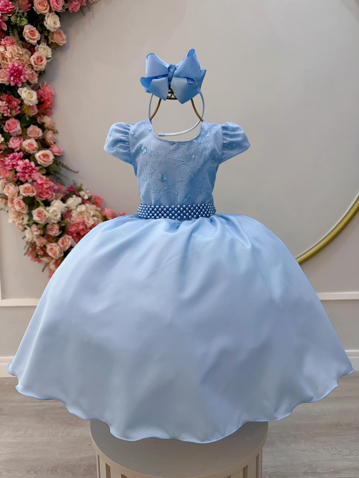 Vestido Infantil Azul Claro Busto C/ Renda Festas Daminhas