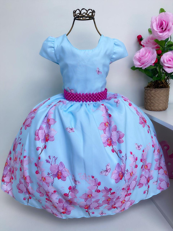 Vestido Infantil Azul Claro Floral Cinto Pérolas Pink Luxo