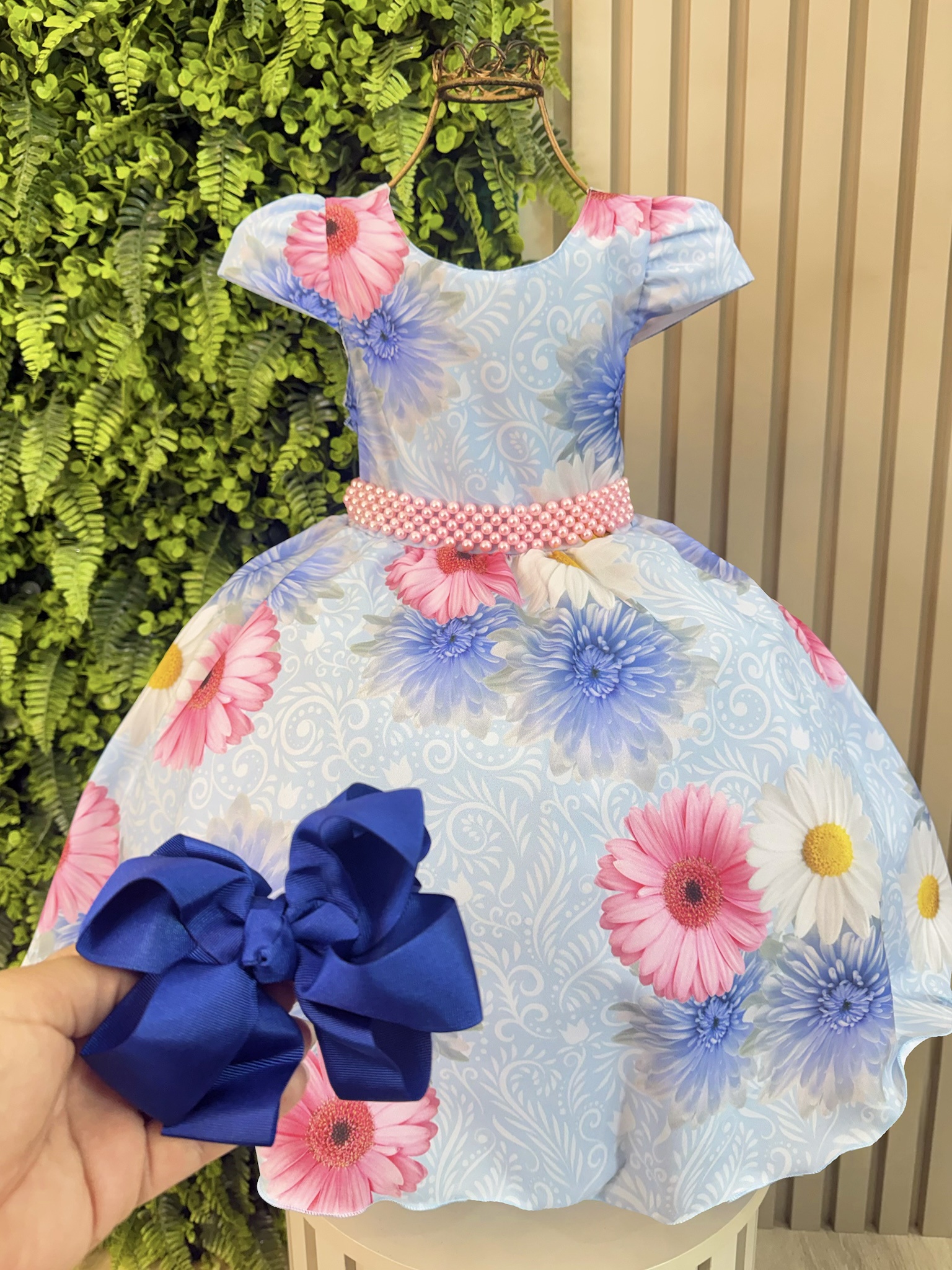 Vestido Infantil Azul Florido + Laço ou Tiara
