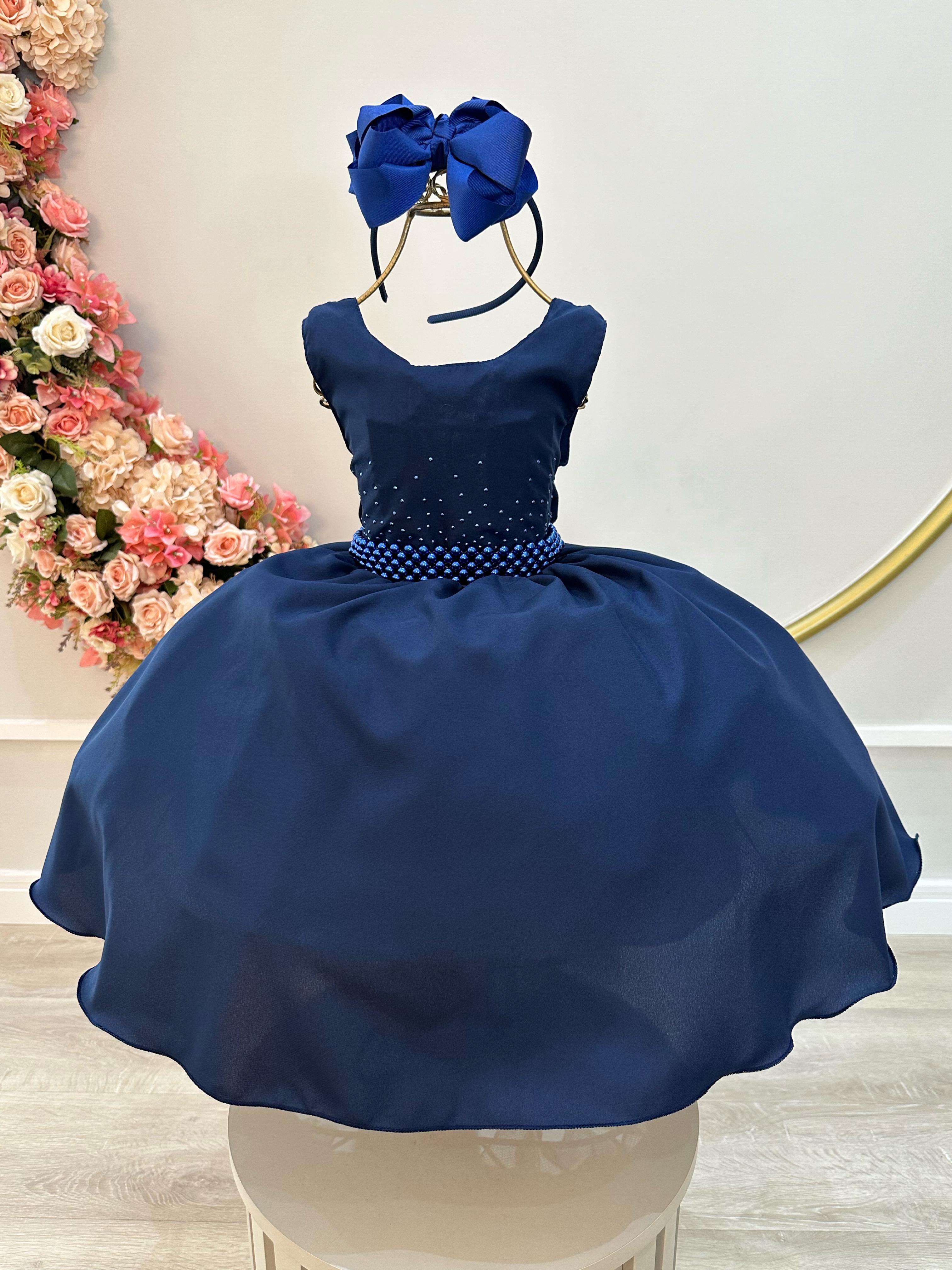 Vestido Infantil Azul Marinho Busto C/ Strass Daminhas