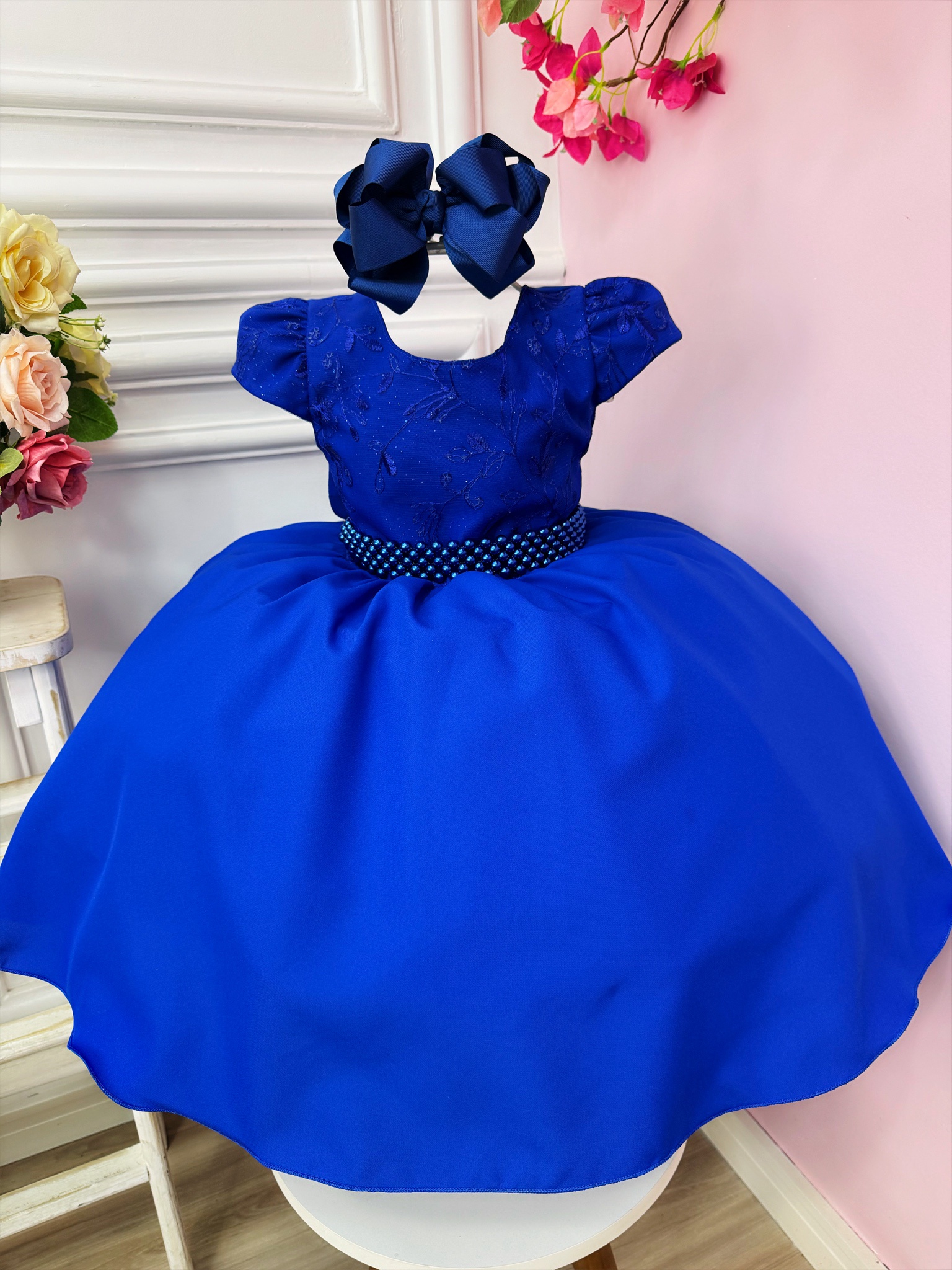 Vestido Infantil Azul Royal Busto C/ Renda e Cinto de Pérolas