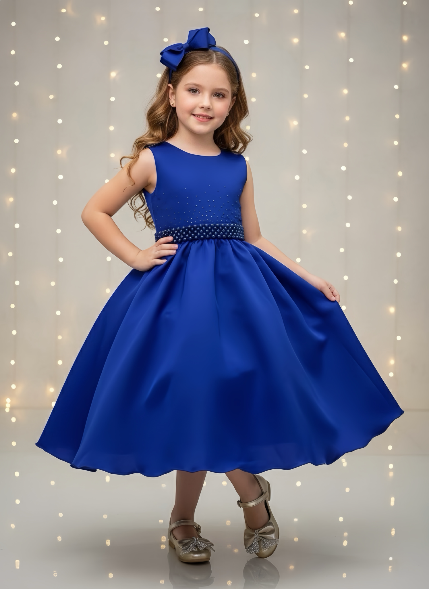 Vestido Infantil Azul Royal Busto C/ Strass Daminhas Festas