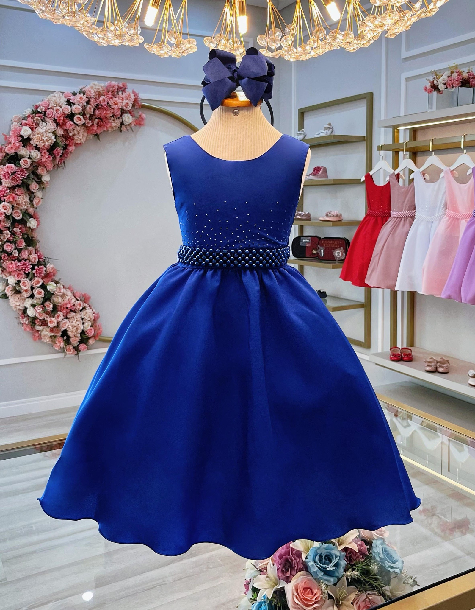 Vestido Infantil Azul Royal Busto C/ Strass Daminhas Festas