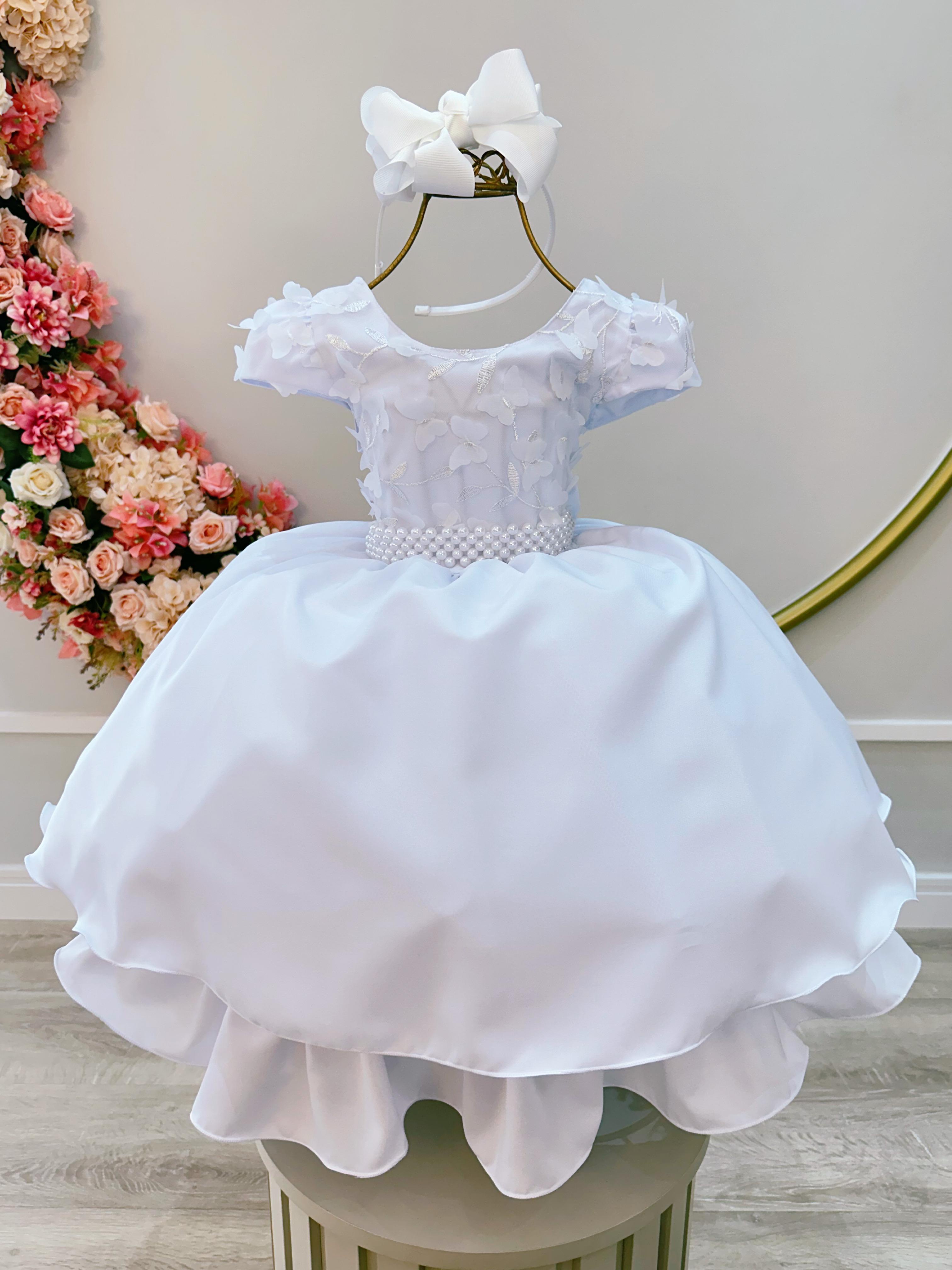 Vestido Infantil Branco Busto C/ Apliques de Flores Renda